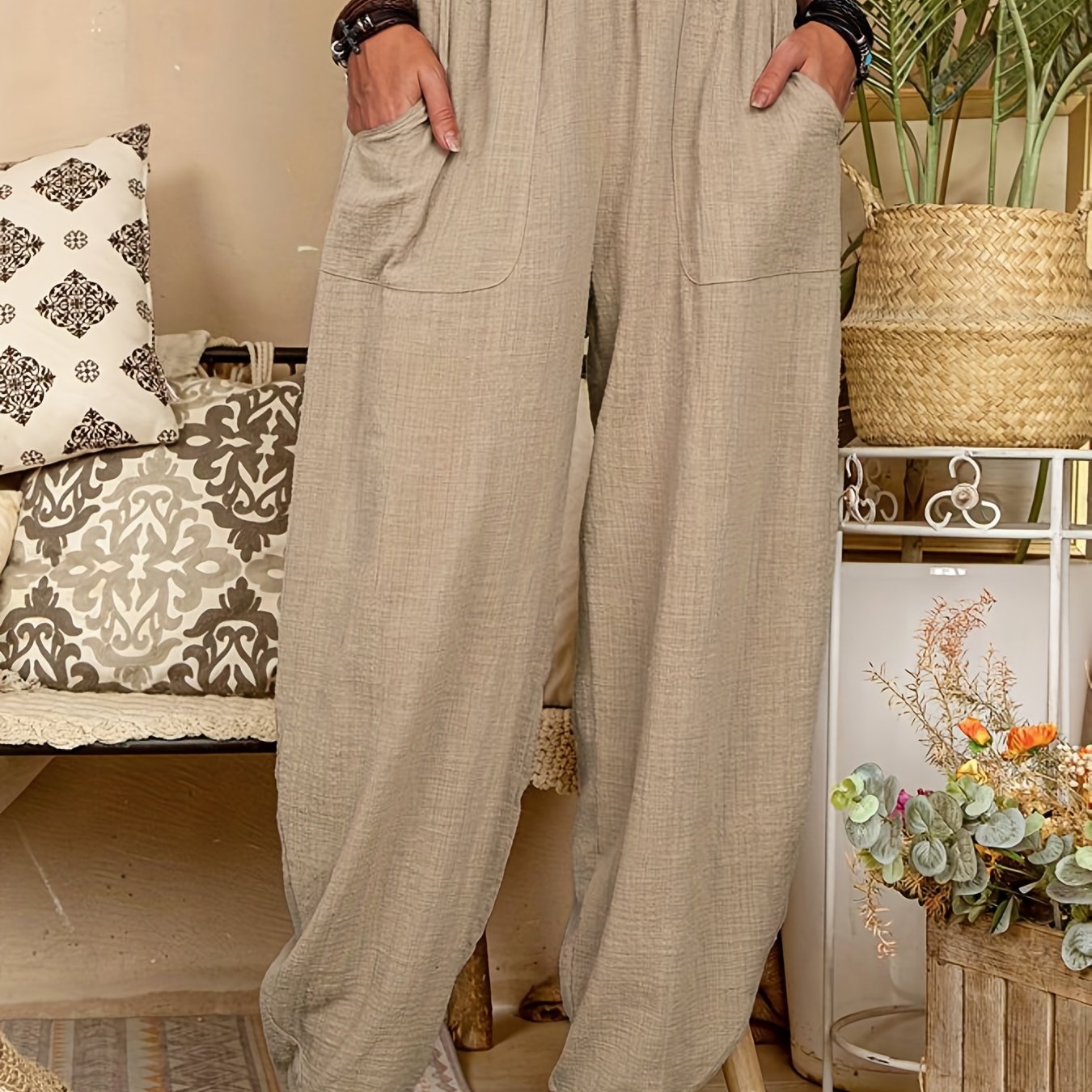 Elastic High Waist Harem Pants, Casual Pocket Pants For Spring & Summer, Women's Clothing