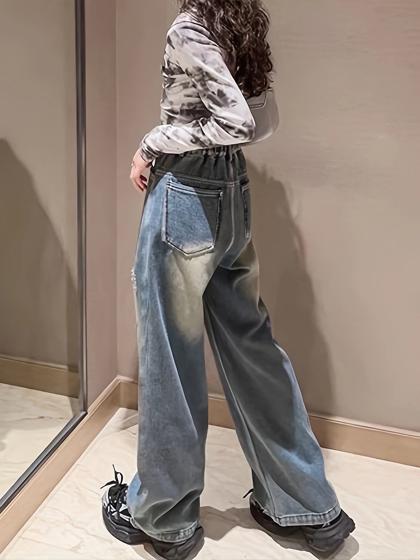 vlovelaw Girls Vintage High Waist Ripped Jeans Baggy & Casual Style Denim Trousers For Street Going Out