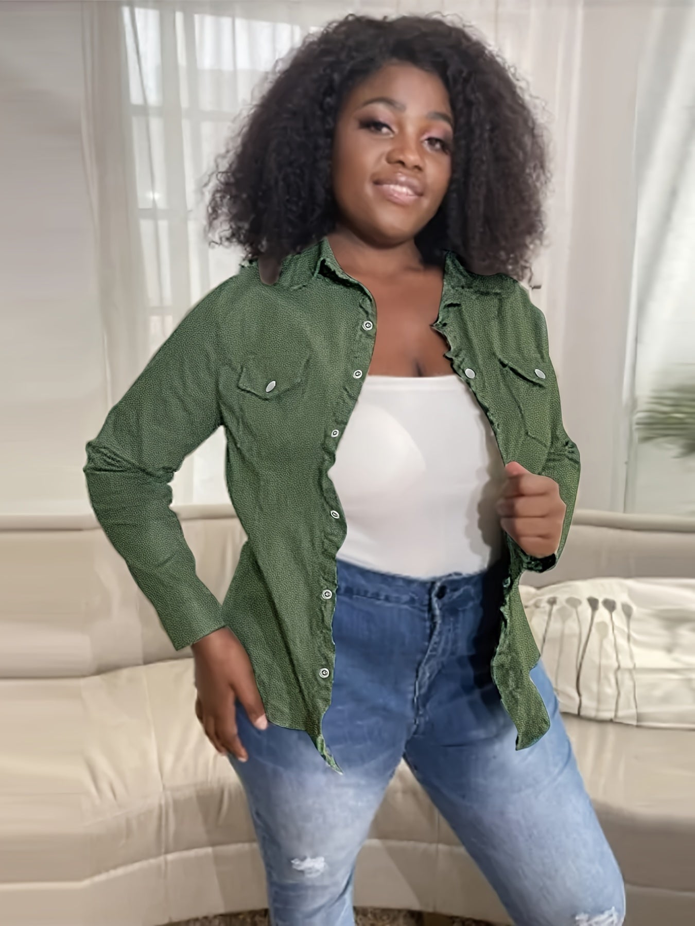 Long Sleeves Lapel Denim Shirts, Flap Pockets Single-Breasted Button Solid Color Denim Jackets, Women's Denim Clothing