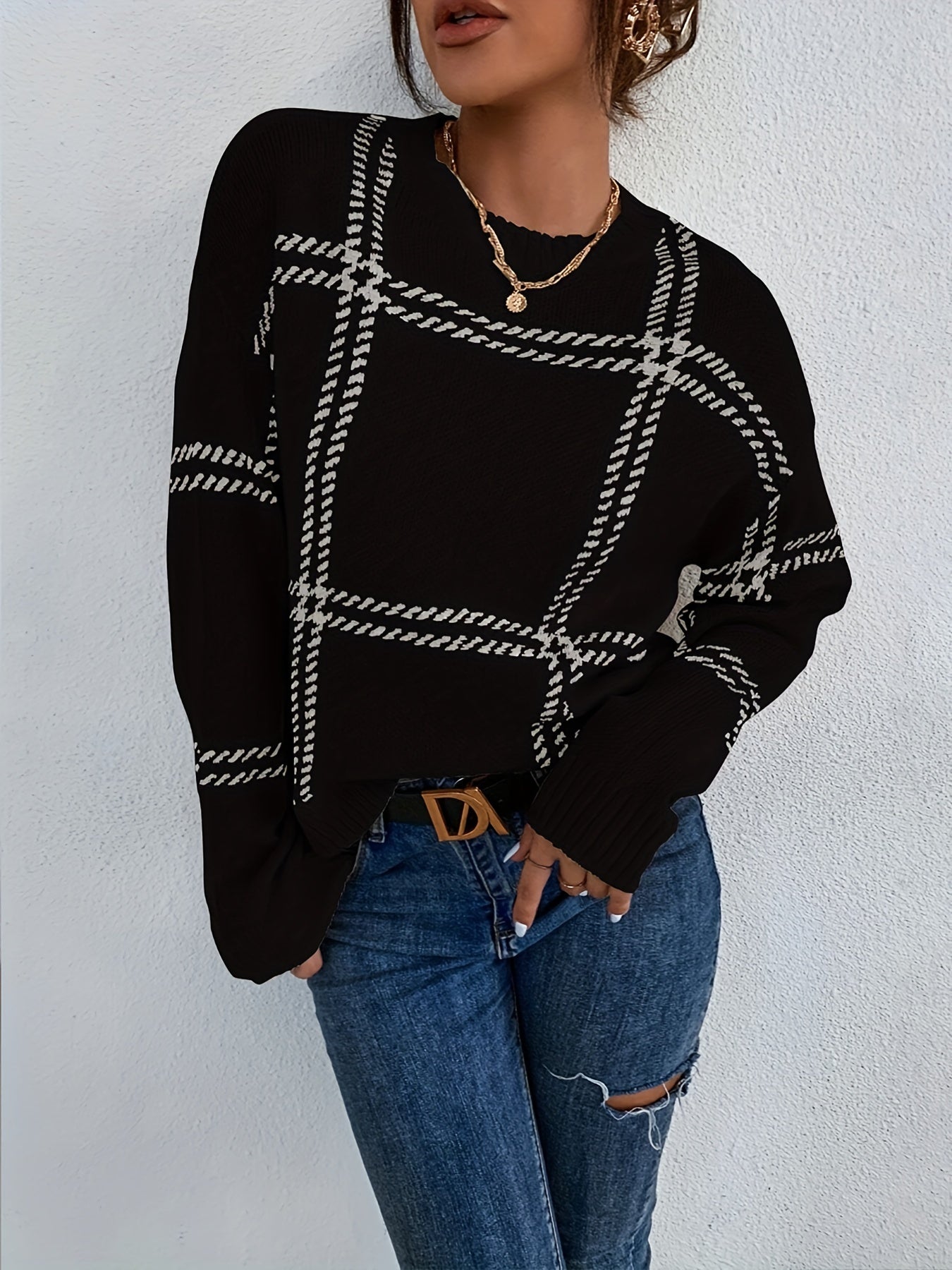 vlovelaw Plaid Crew Neck Pullover Sweater, Casual Long Sleeve Drop Shoulder Sweater For Fall & Winter, Women's Clothing