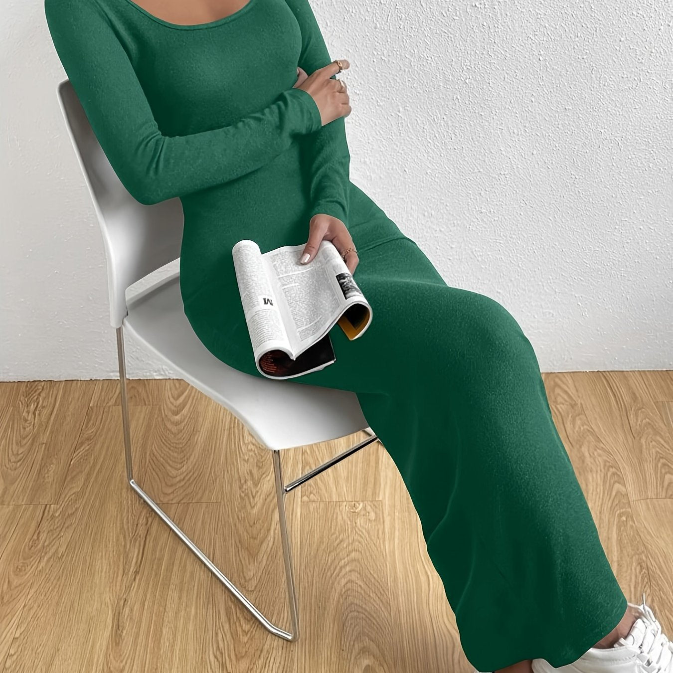Solid Long Sleeve Knit Dress, Casual Square Neck Slim Dress For Spring & Fall, Women's Clothing