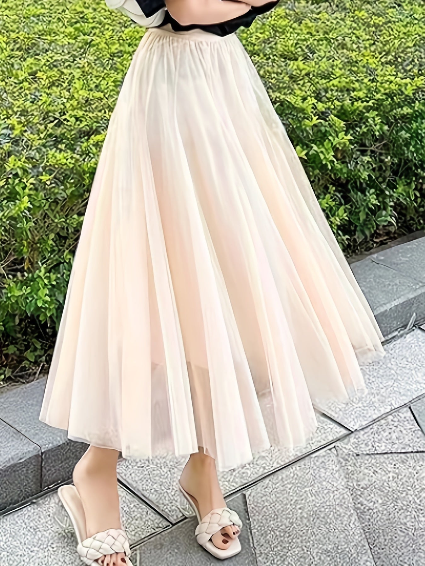 vlovelaw Mesh Pleated Skirts, Elegant High Waist Drawstring Maxi Skirts, Women's Clothing
