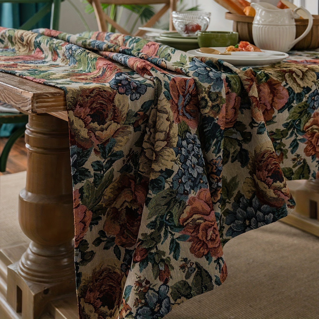 1pc Square Cotton Embroidered Tablecloth - Stylish American Design with Intricate Ball Flower Embroidery - Perfect for Christmas, Adds Elegance to Your Home Decor