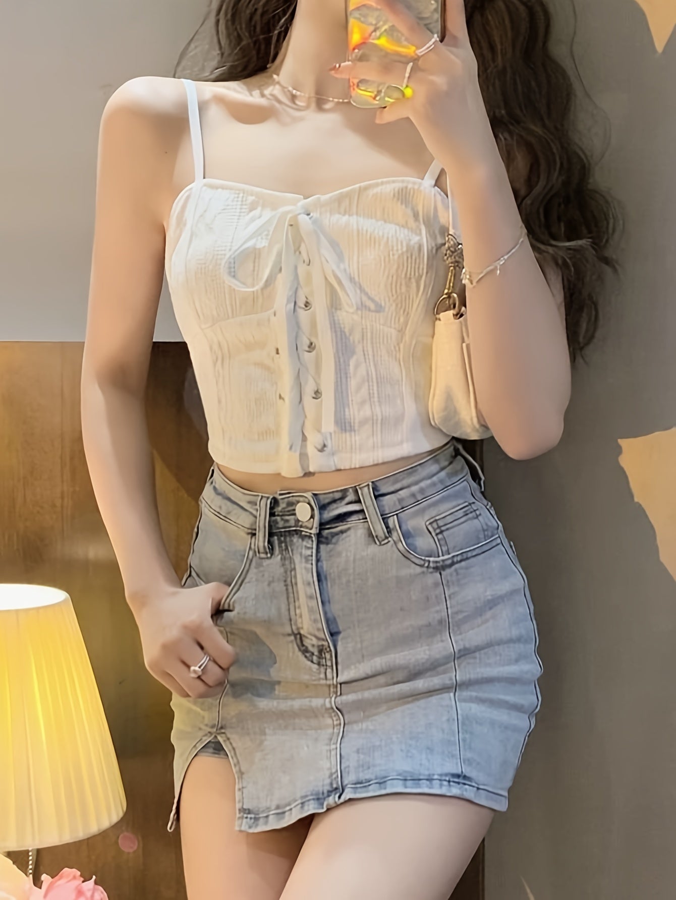 vlovelaw Lace Up Crop Cami Top, Chic Sleeveless Strap Top For Summer, Women's Clothing