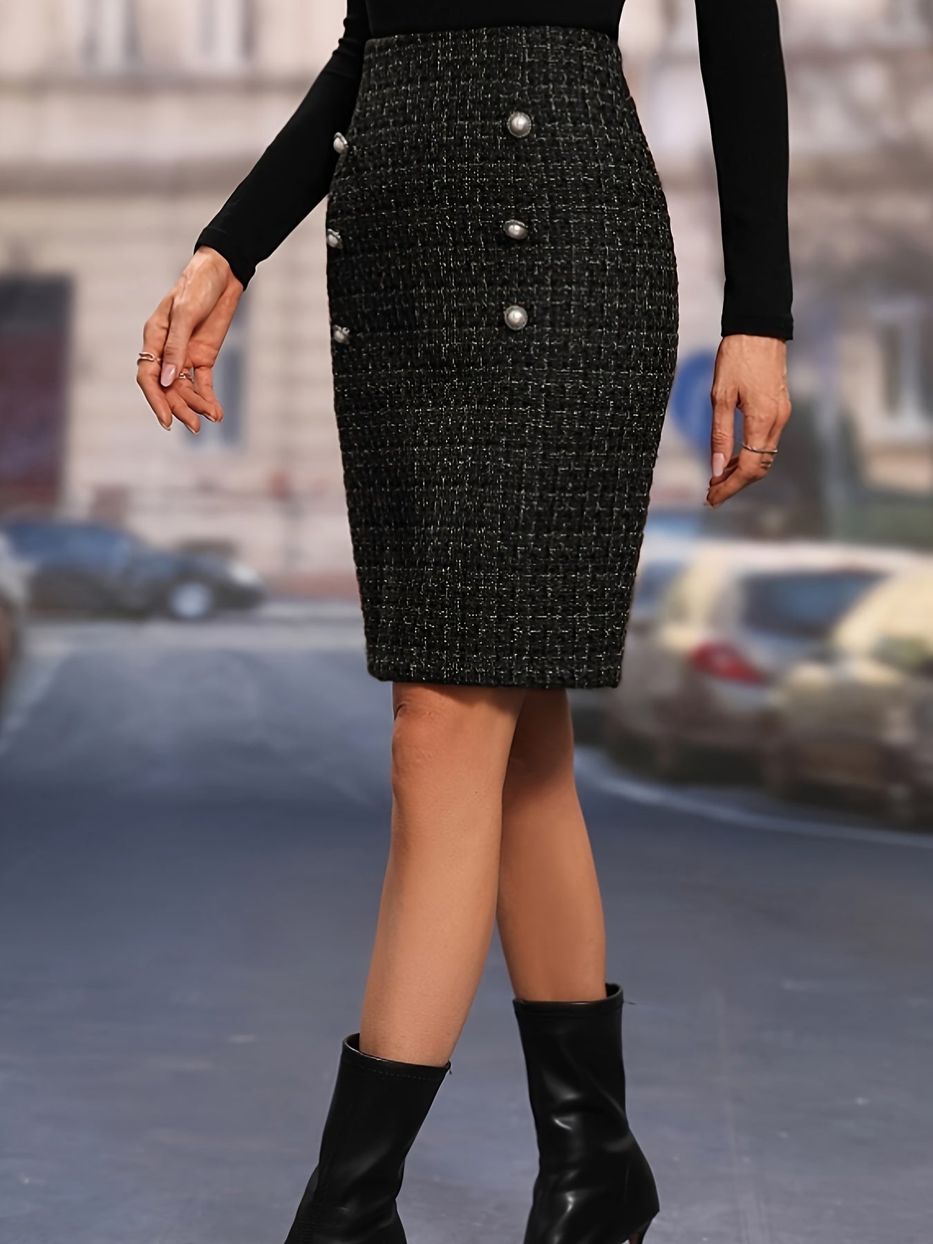 vlovelaw Double Breasted Split Skirt, Elegant Bodycon Skirt For Spring & Fall, Women's Clothing