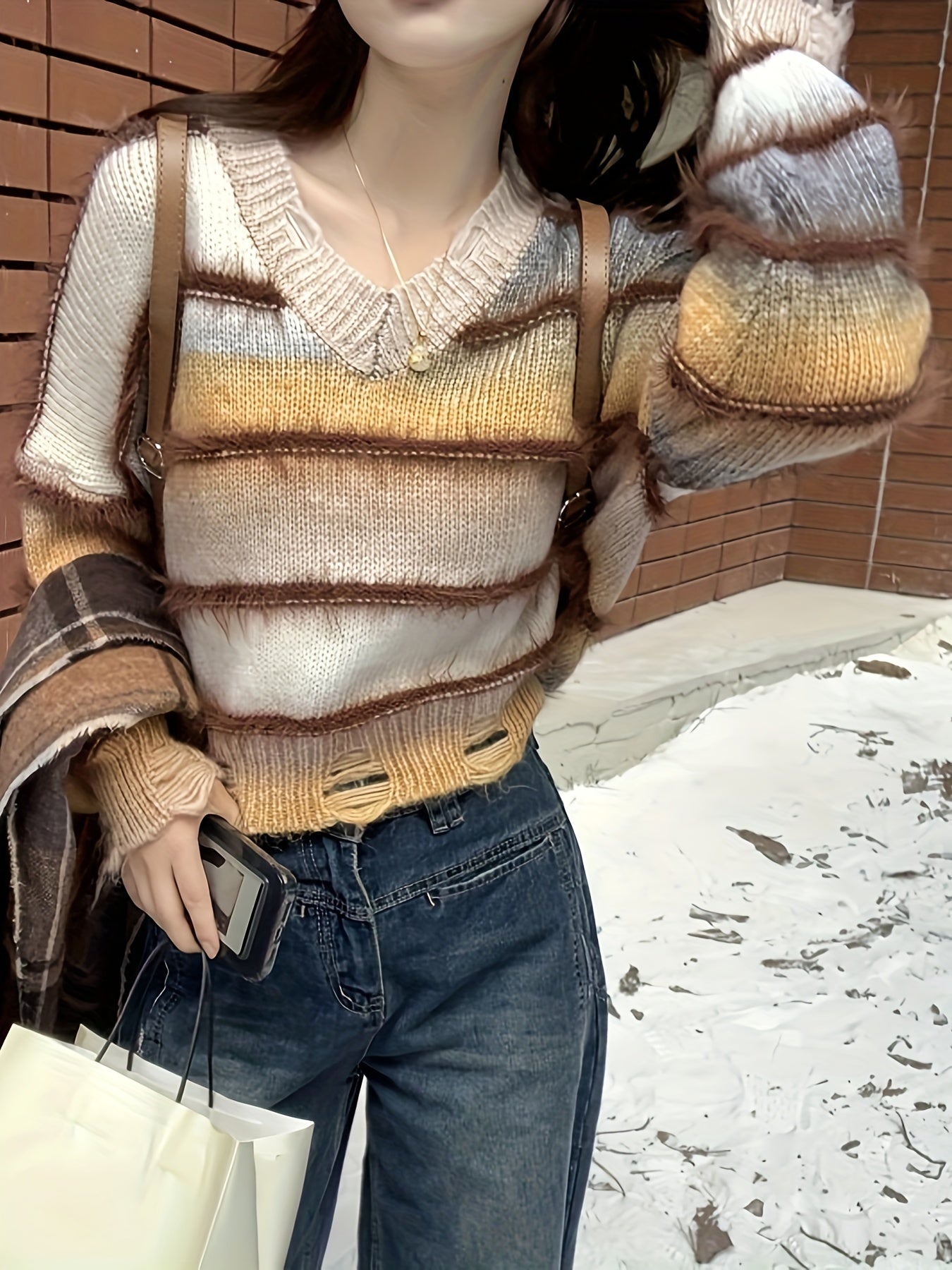 vlovelaw Striped V Neck Pullover Sweater, Casual Long Sleeve Ripped Sweater, Women's Clothing