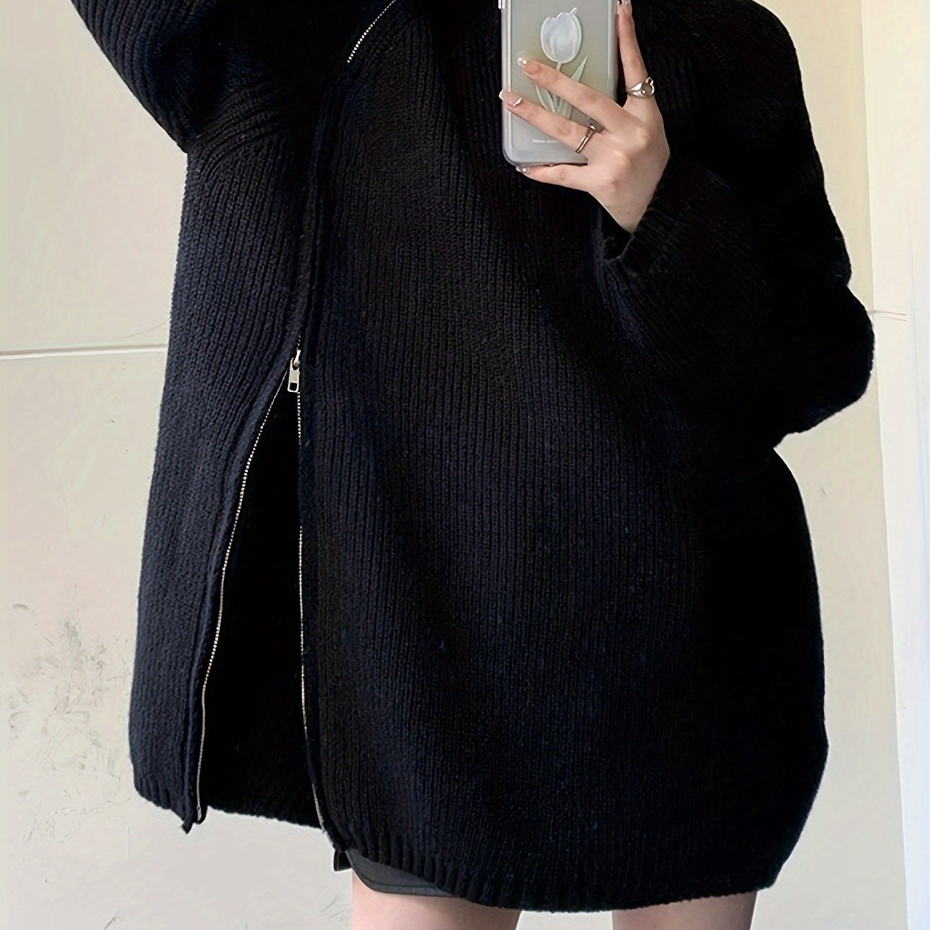 vlovelaw Solid Zip Up Oversized Pullover Sweater, Casual Turtle Neck Long Sleeve Sweater, Women's Clothing