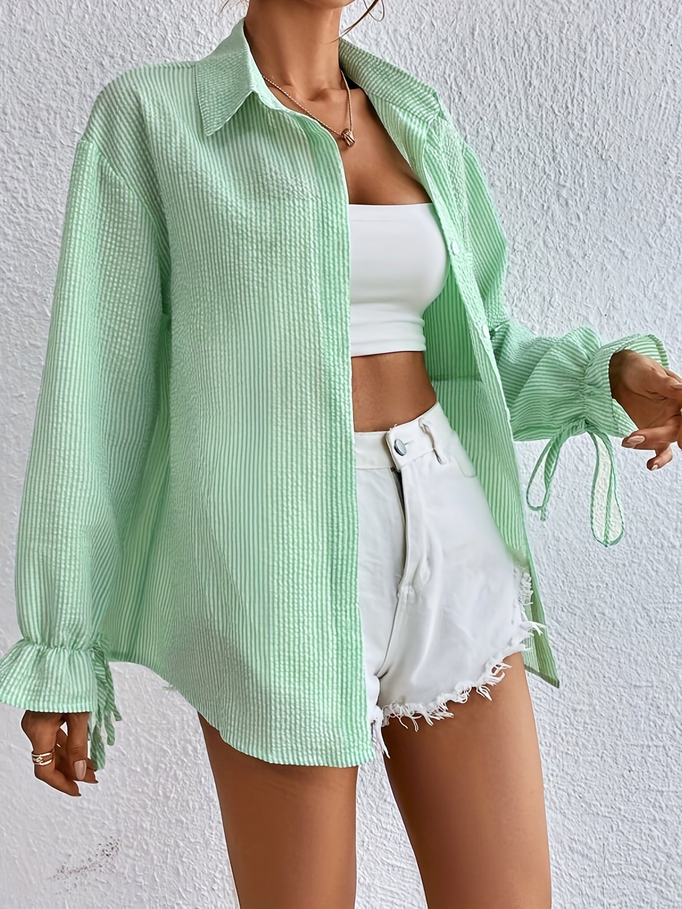 Stripe Print Polo Neck Blouse, Casual Tied Cuff Long Sleeve Blouse For Spring & Fall, Women's Clothing