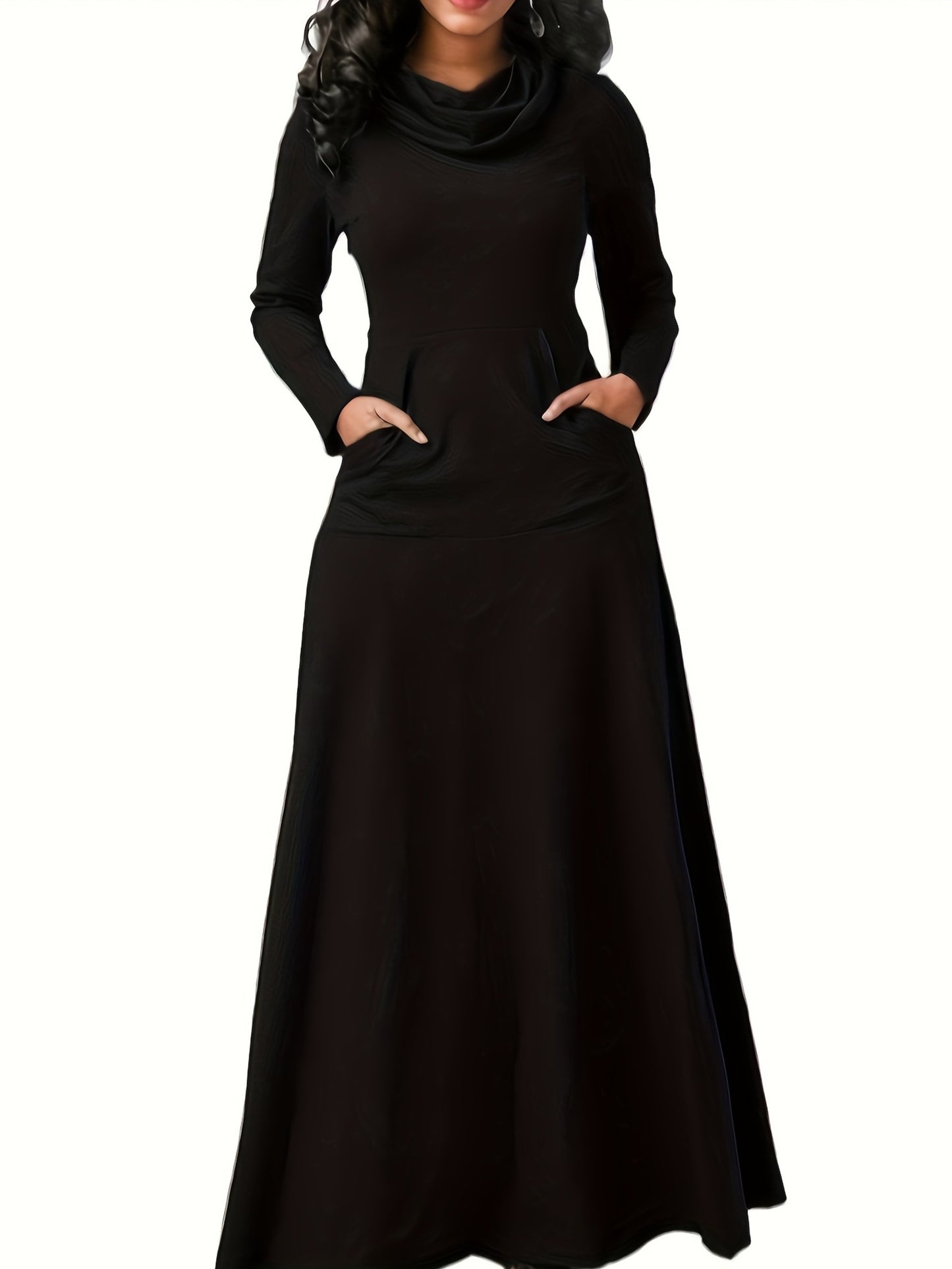 Plus Size Casual Dress, Women's Plus Solid Long Sleeve Turtleneck High Stretch Maxi Dress With Pockets