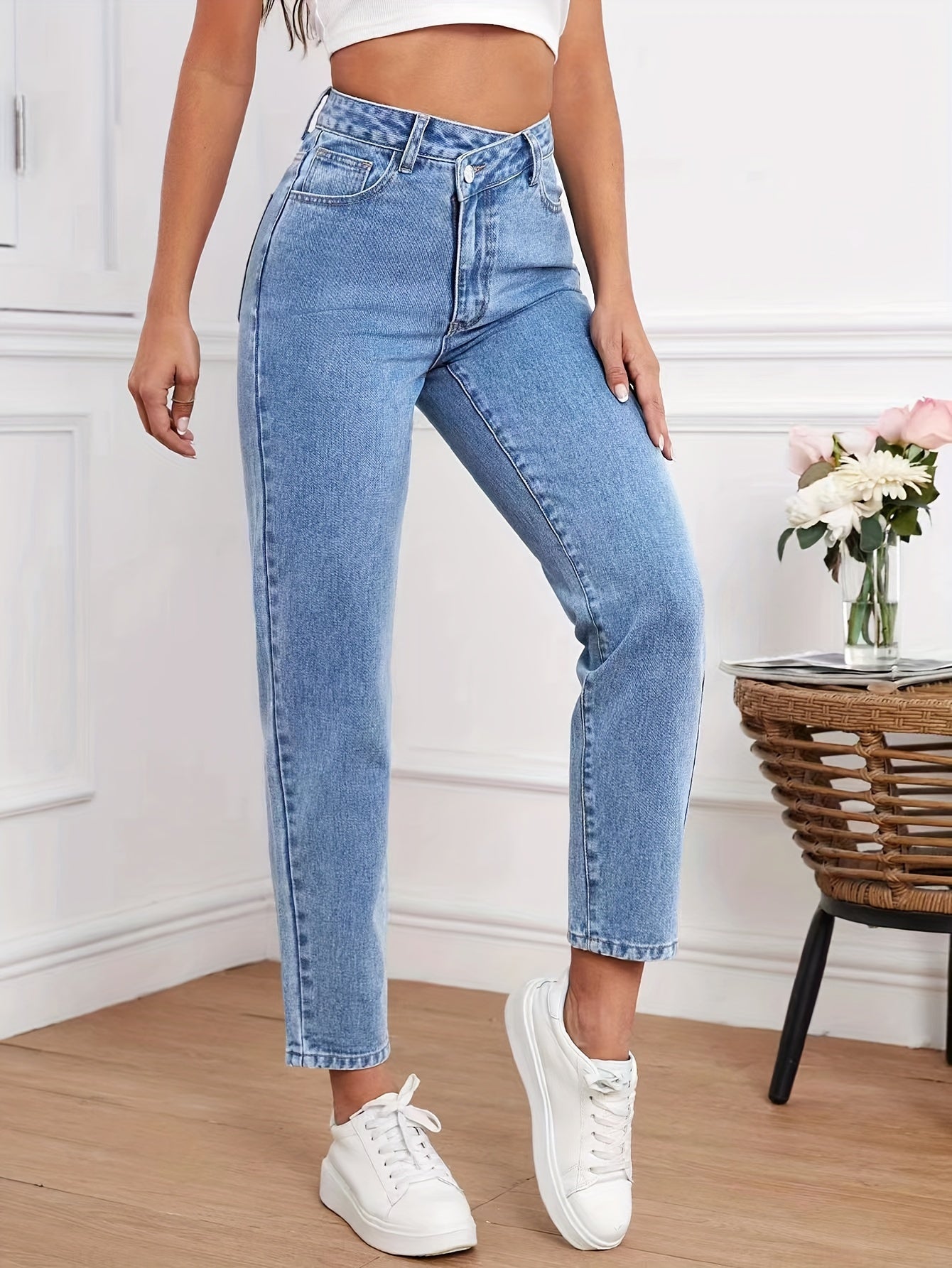 vlovelaw Overlap Leisure Tapered Jeans, Slash Pocket Trendy Loose Denim Pants, Women's Denim Jeans & Clothing