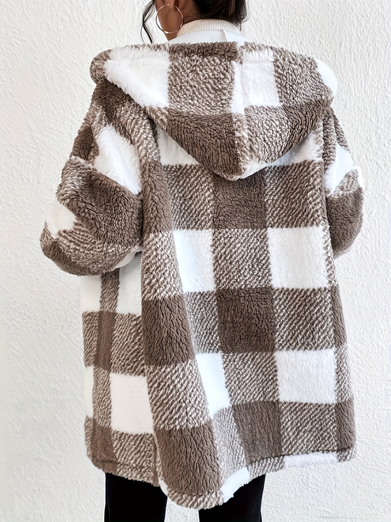vlovelaw  Plaid Print Teddy Hooded Jacket, Casual Zip Up Drawstring Outerwear, Women's Clothing