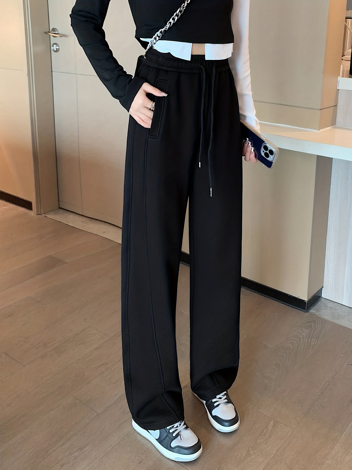 Pocket Solid Straight Leg Pants, Casual Drawstring Elastic Waist Pants, Women's Clothing