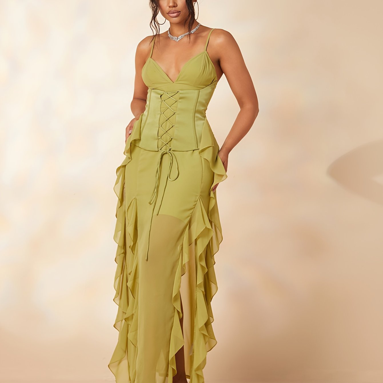 vlovelaw Ruffle Trim Split Dress, Party Wear Spaghetti Strap Solid Dress, Women's Clothing