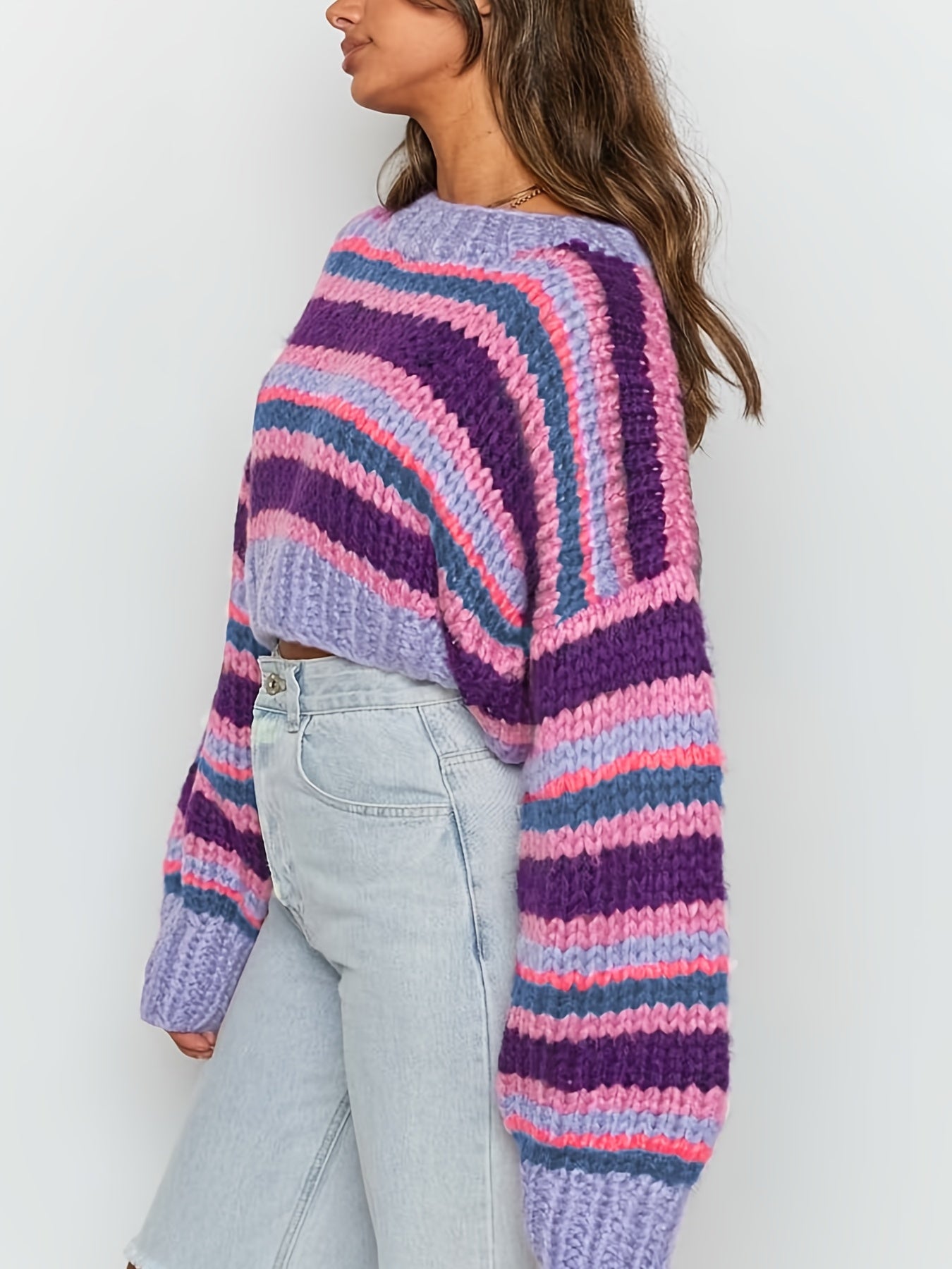 vlovelaw vlovelaw Y2K Striped Crew Neck Crop Sweater, Long Sleeve Drop Shoulder Sweater, Women's Clothing
