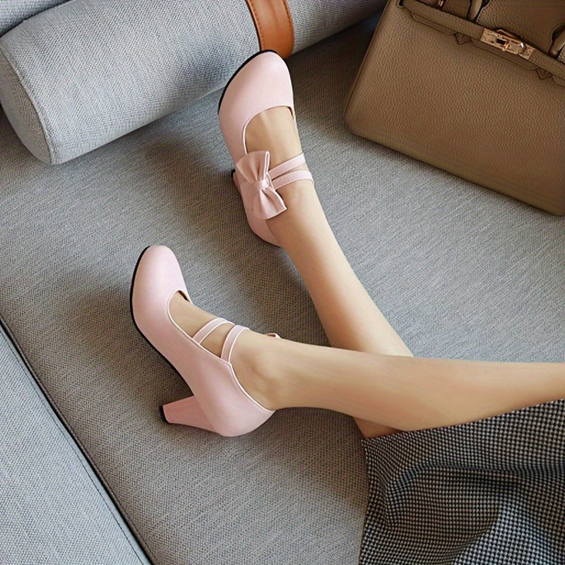 vlovelaw Women's Bow Decor Pumps, Elegant Solid Color Chunky High Heels, All-Match Uniform Dress Shoes