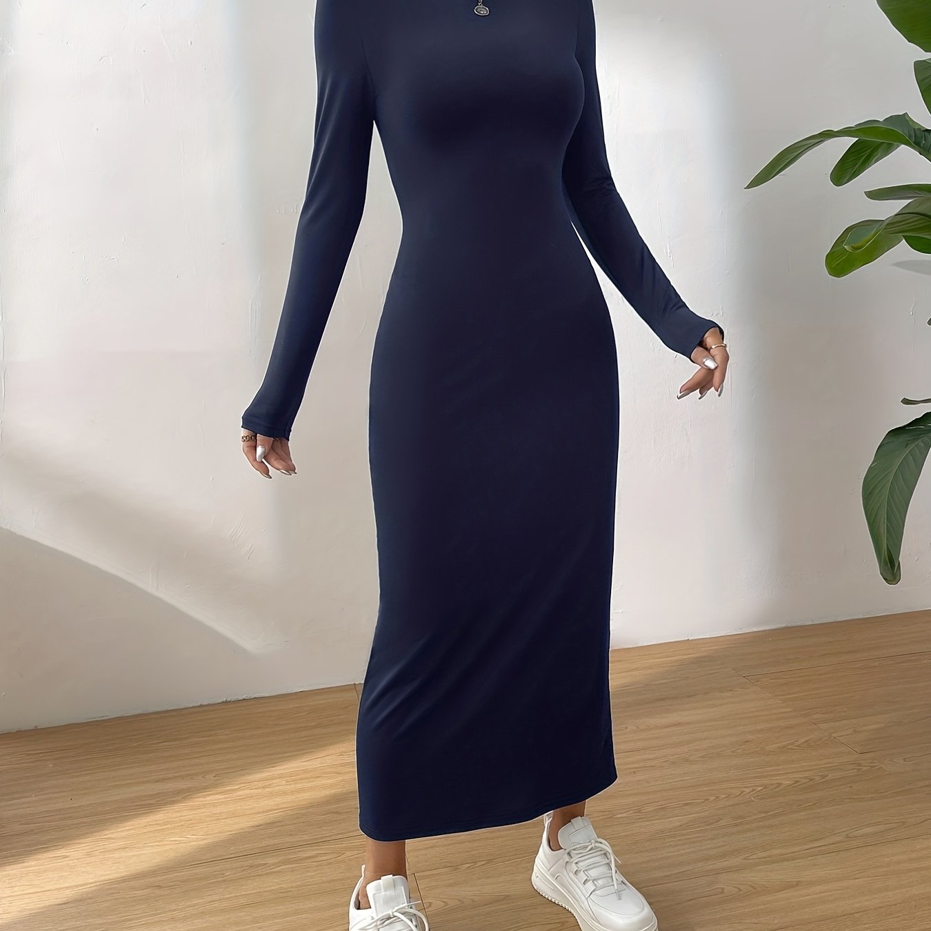 Solid Crew Neck Slim Dress, Elegant Long Sleeve Midi Dress, Women's Clothing