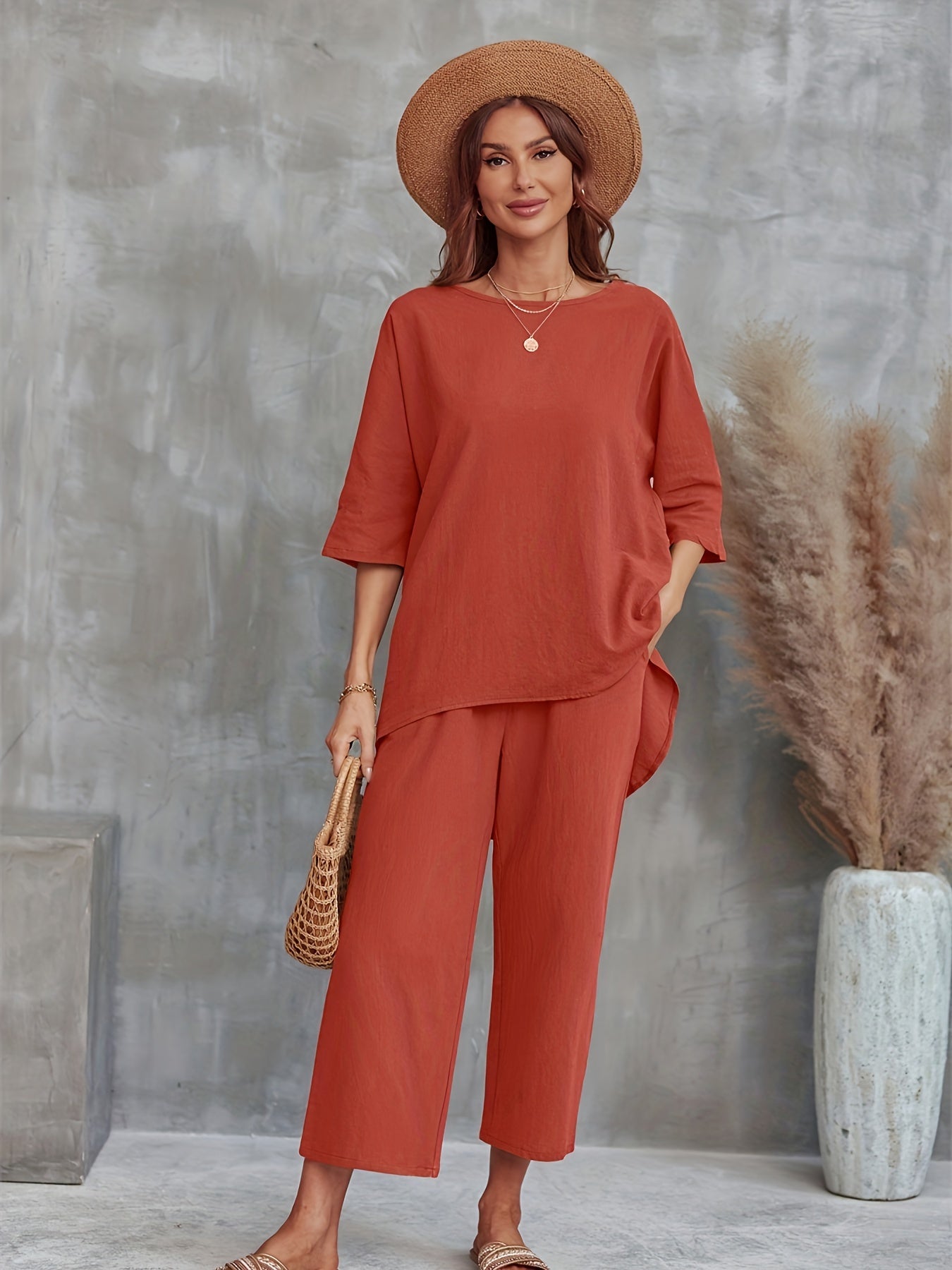 vlovelaw Solid Casual Two-piece Set, Crew Neck Half Sleeve Tee & Wide Leg Pants Outfits, Women's Clothing