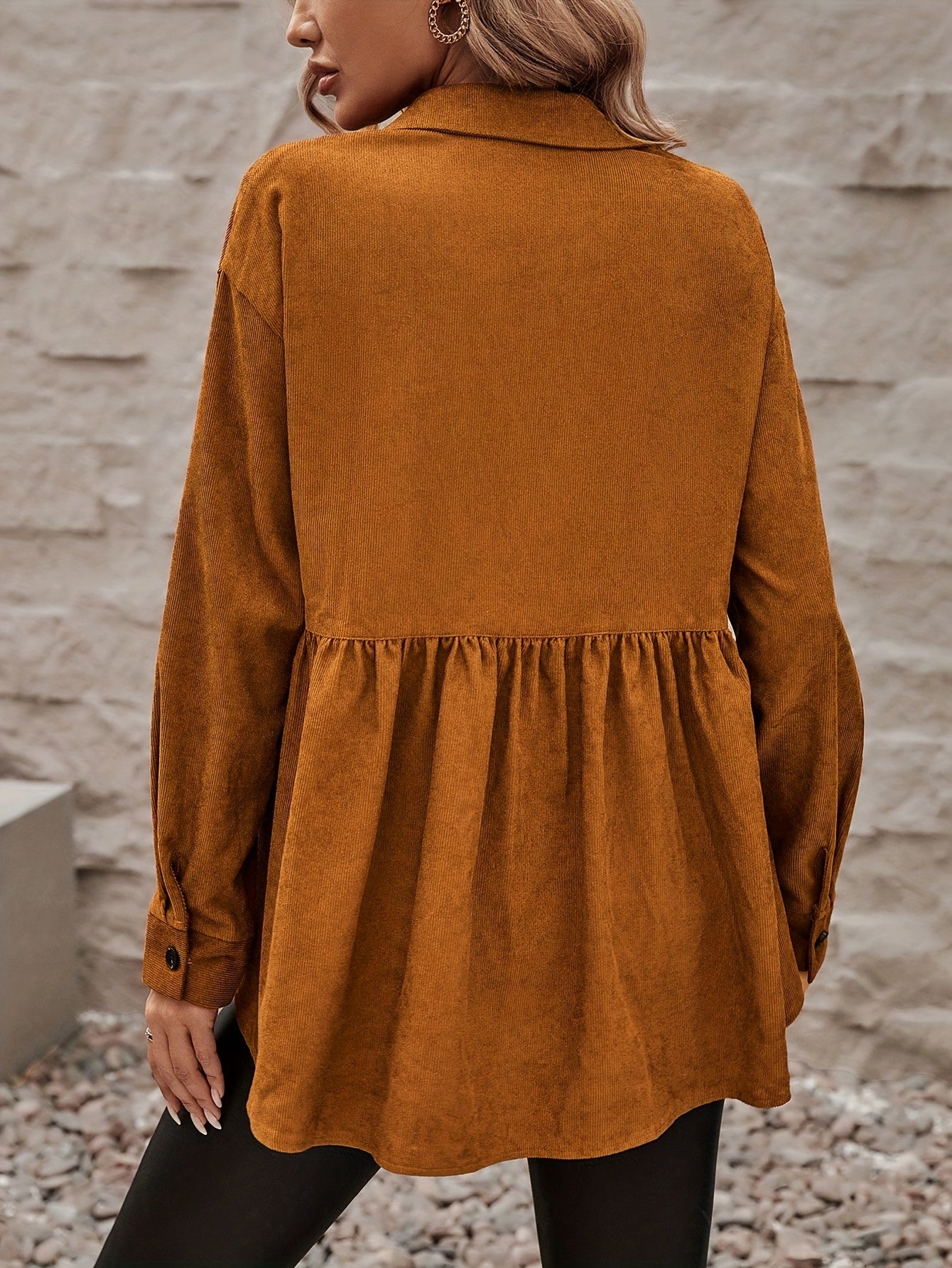 Flap Pockets Ruffle Trim Jacket, Vintage Solid Long Sleeve Outwear For Fall & Winter, Women's Clothing