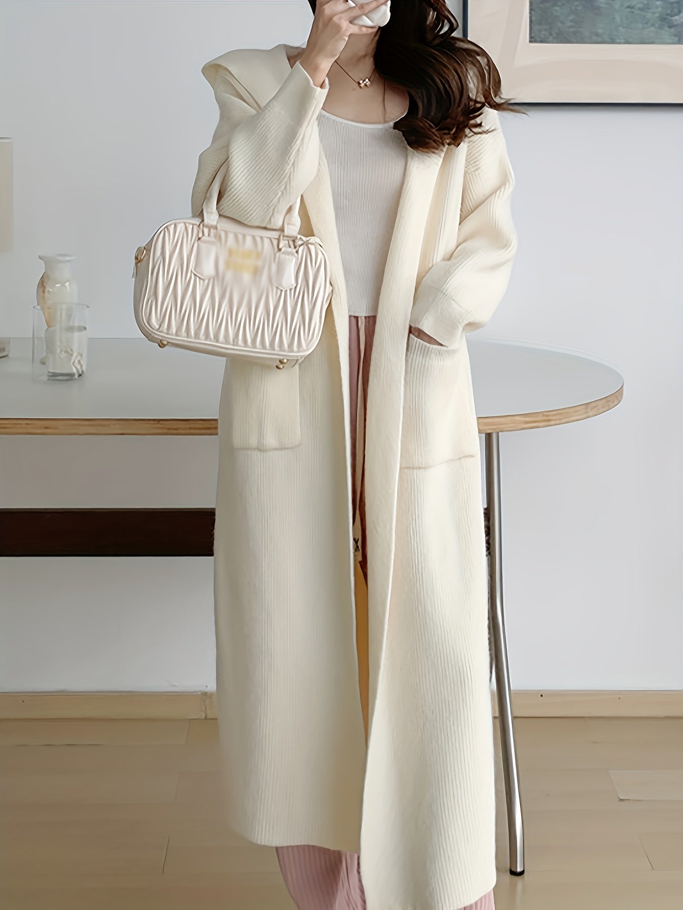 vlovelaw Solid Open Front Hooded Knit Cardigan, Casual Long Sleeve Mid Length Pocket Sweater Coat, Women's Clothing