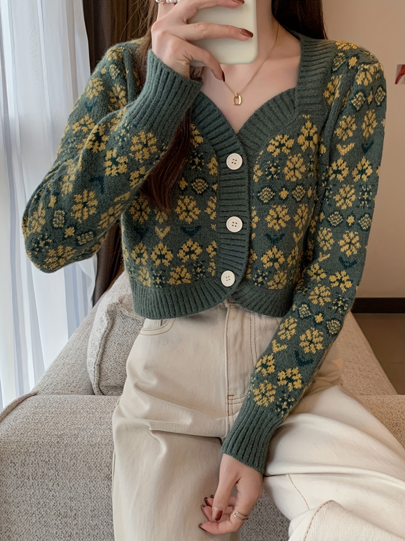 vlovelaw Floral Pattern Button Down Knit Cardigan, Cute Long Sleeve Crop Sweater, Women's Clothing