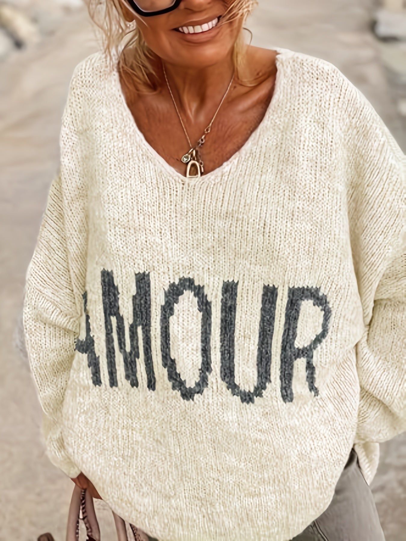Letter Pattern V Neck Pullover Sweater, Casual Long Sleeve Drop Shoulder Sweater, Women's Clothing