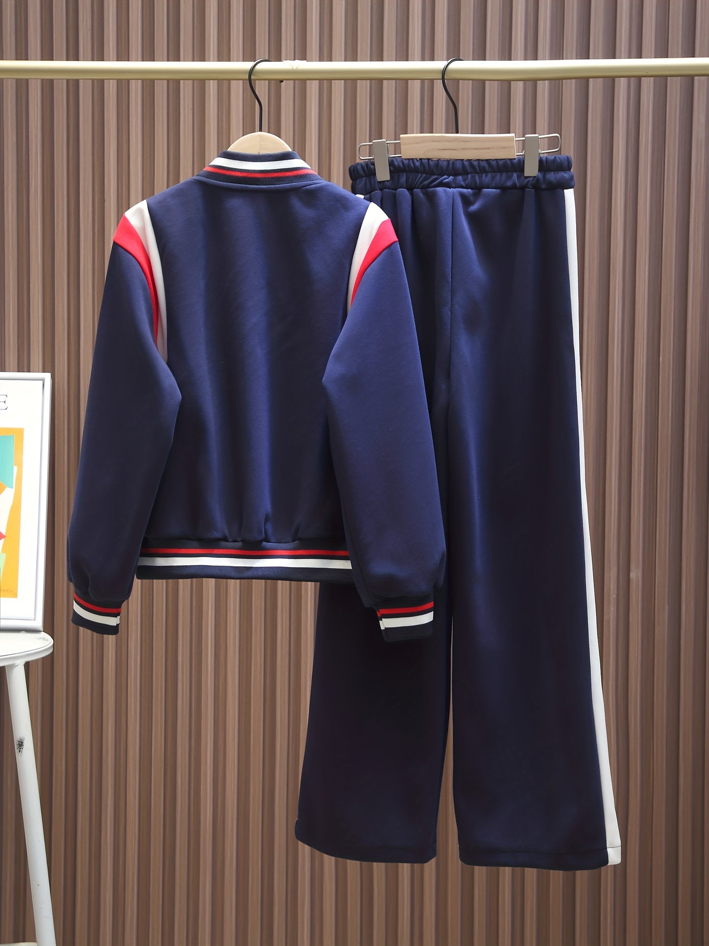 Girl's Sporty Style Outfit 2pcs, Color Clash Varsity Jacket & Wide Leg Pants Set, Kid's Clothes For Spring Fall