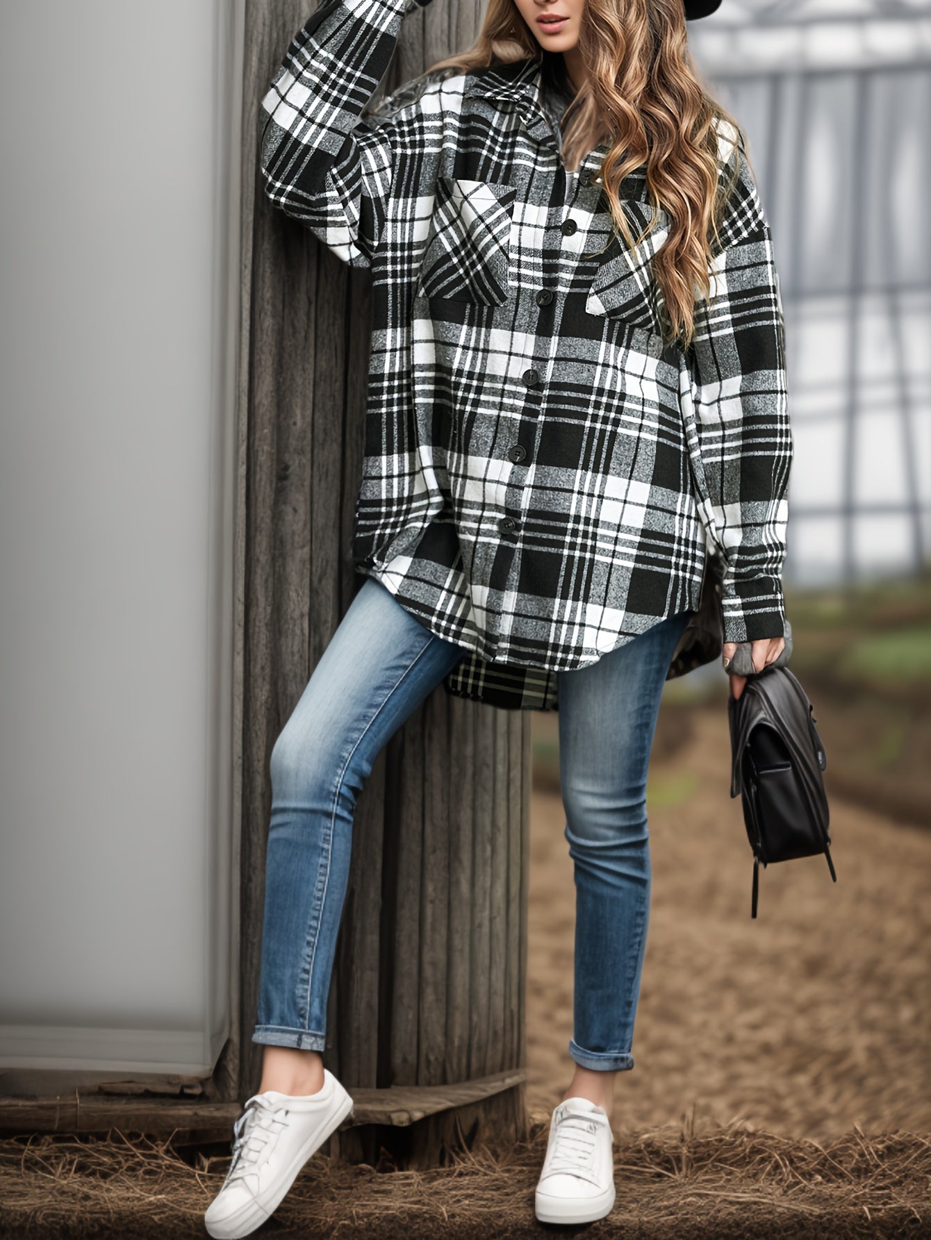 Plaid Pattern Button Front Jacket, Casual Long Sleeve Outwear For Spring & Fall, Women's Clothing
