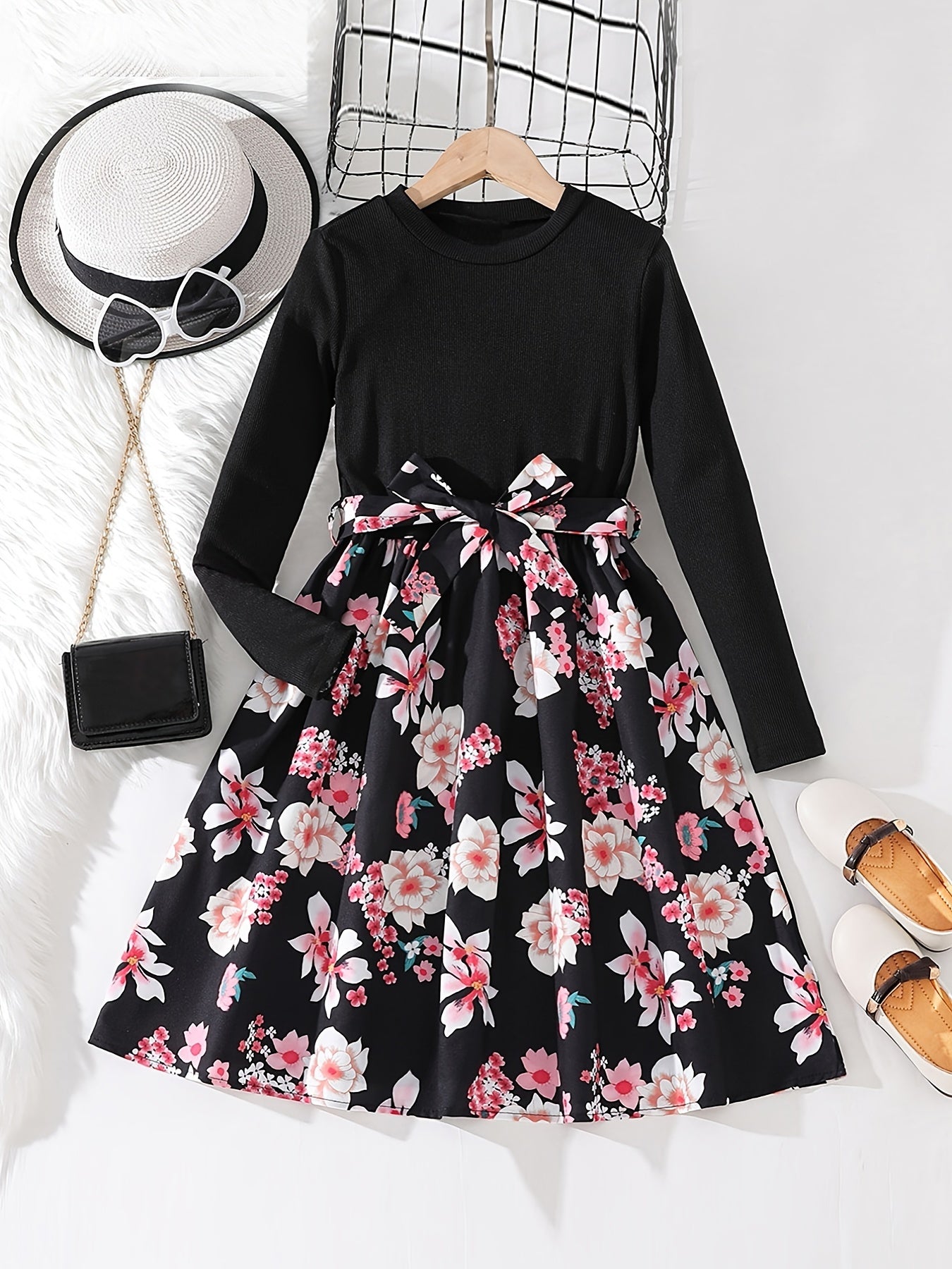 vlovelaw Girls Long Sleeves Round Neck Flowers Splicing Belted Dress For Party Kids Spring Clothes