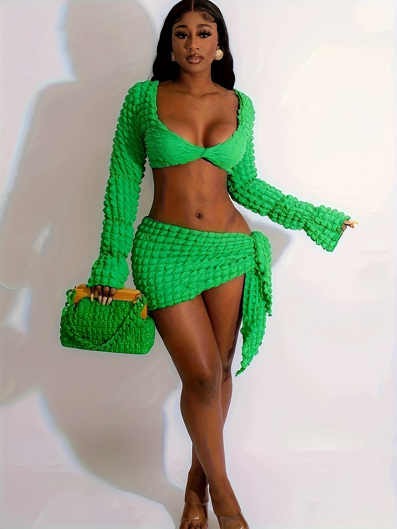 vlovelaw Sexy Popcorn Two-piece Set, Cropped Long Sleeve Tops & Sarong Mini Skirts Outfits, Women's Clothing