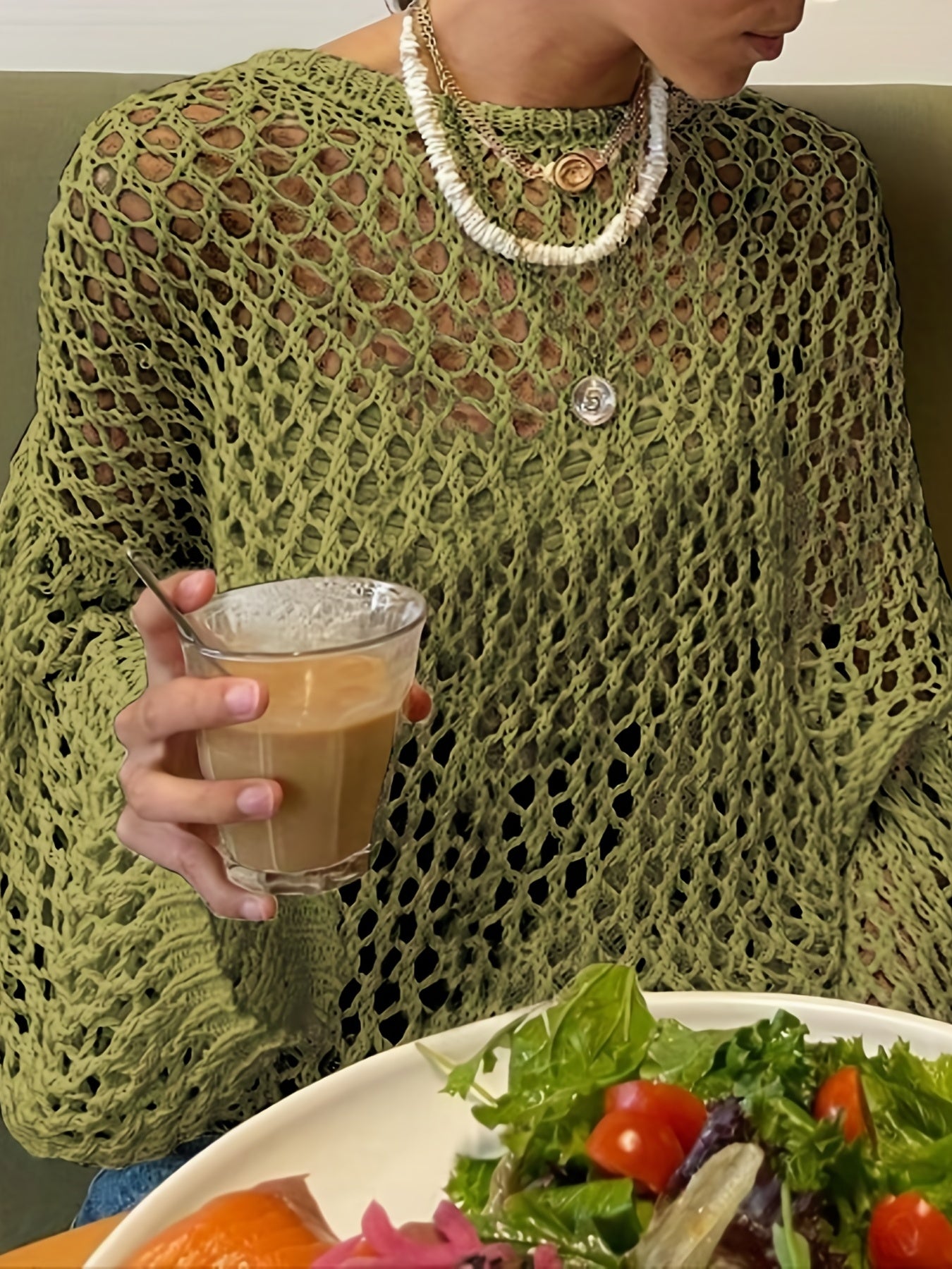 vlovelaw Crochet Cut Out Cover Up Top, Y2K Long Sleeve Crew Neck Top, Women's Clothing