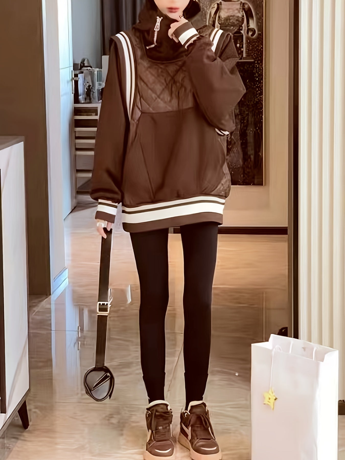 vlovelaw Color Block Cotton-padded Jacket Coat, Casual Long Sleeve Cowl Neck Warm Outwear For Winter, Women's Clothing