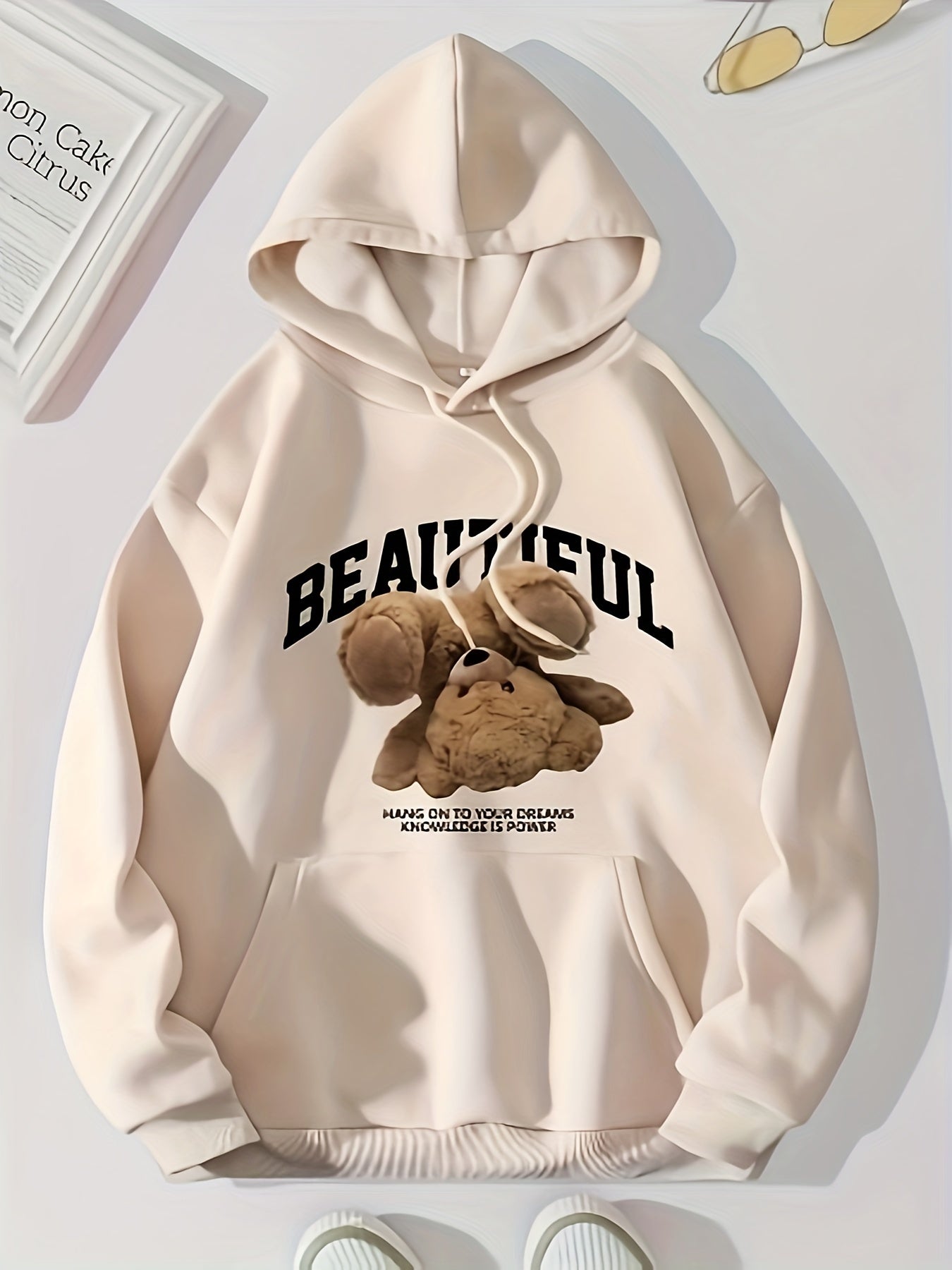 Bear Print Kangaroo Pocket Hoodie, Casual Long Sleeve Drawstring Hoodies Sweatshirt, Women's Clothing