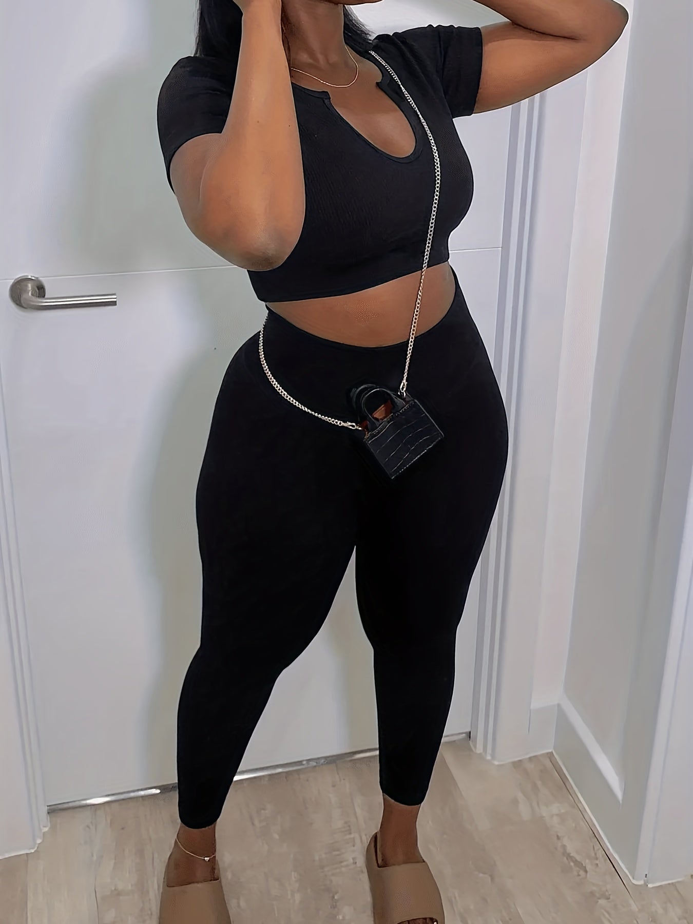 Sexy Matching Two-piece Set, Short Sleeve Crop Top & Skinny Pants Outfits, Women's Clothing