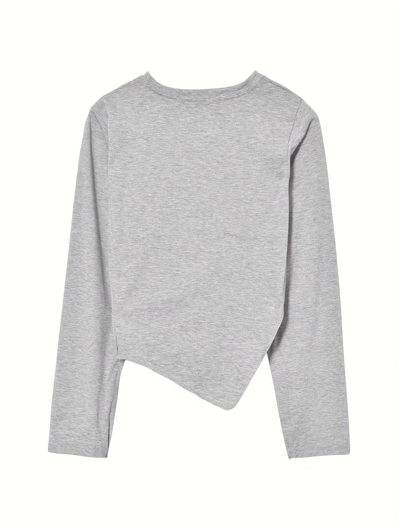vlovelaw Graphic Print Crew Neck Irregular Hem T-Shirt, Casual Long Sleeve Top For Spring & Fall, Women's Clothing