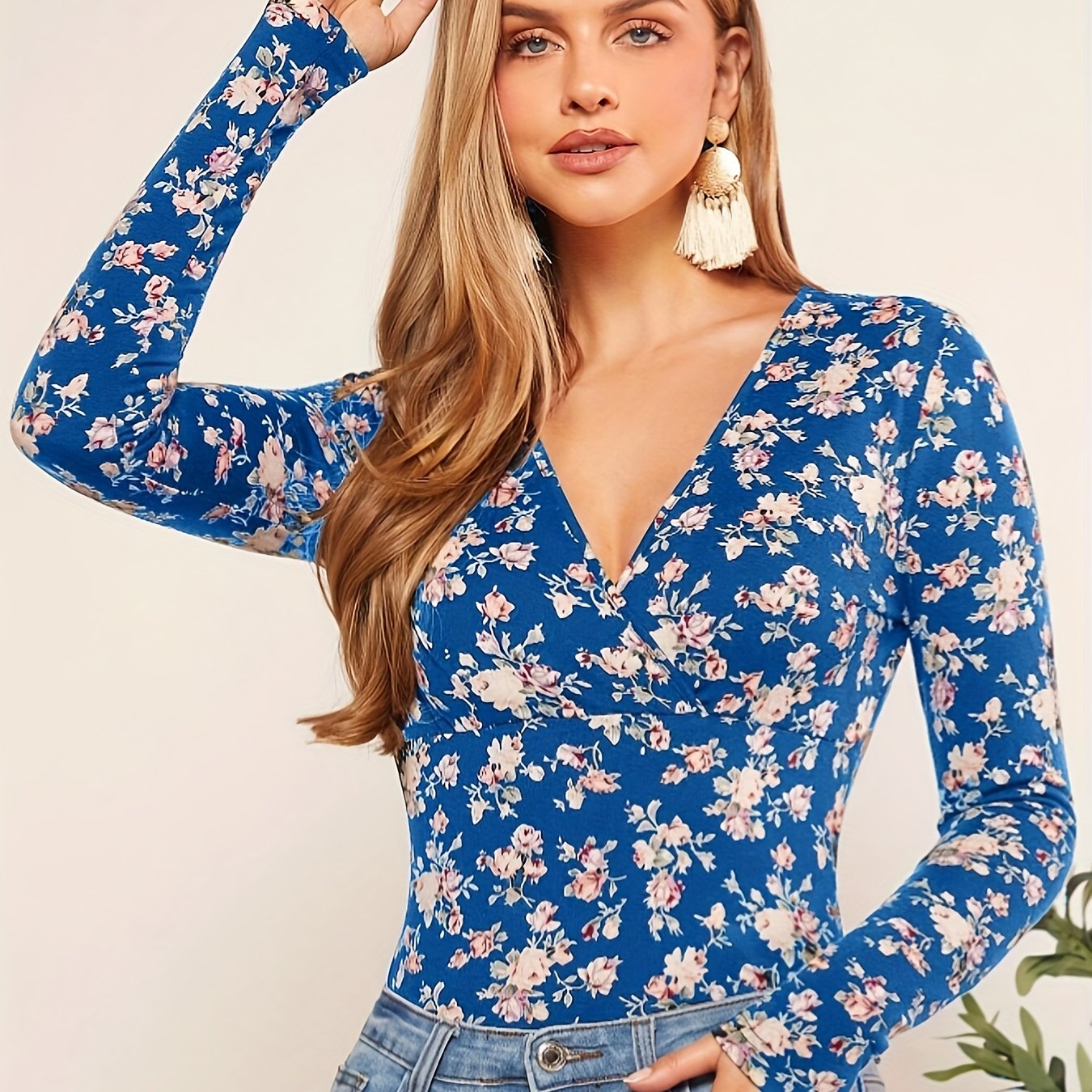 vlovelaw Floral Print V Neck T-Shirt, Casual Long Sleeve Top For Spring & Fall, Women's Clothing