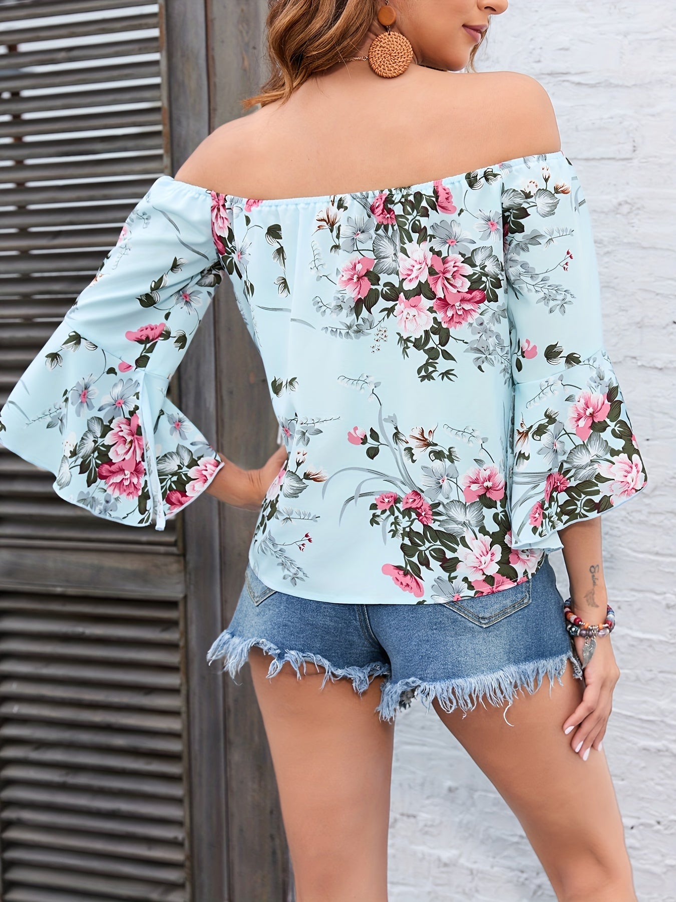 vlovelaw Floral Print Off Shoulder Blouse, Casual Half Sleeve Blouse For Spring & Summer, Women's Clothing