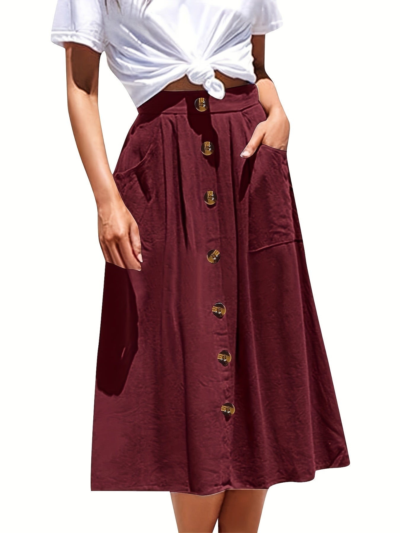 Plus Size Elegant Skirt, Women's Plus Solid Button Decor Slight Stretch Pleated Maxi Skirt With Pockets