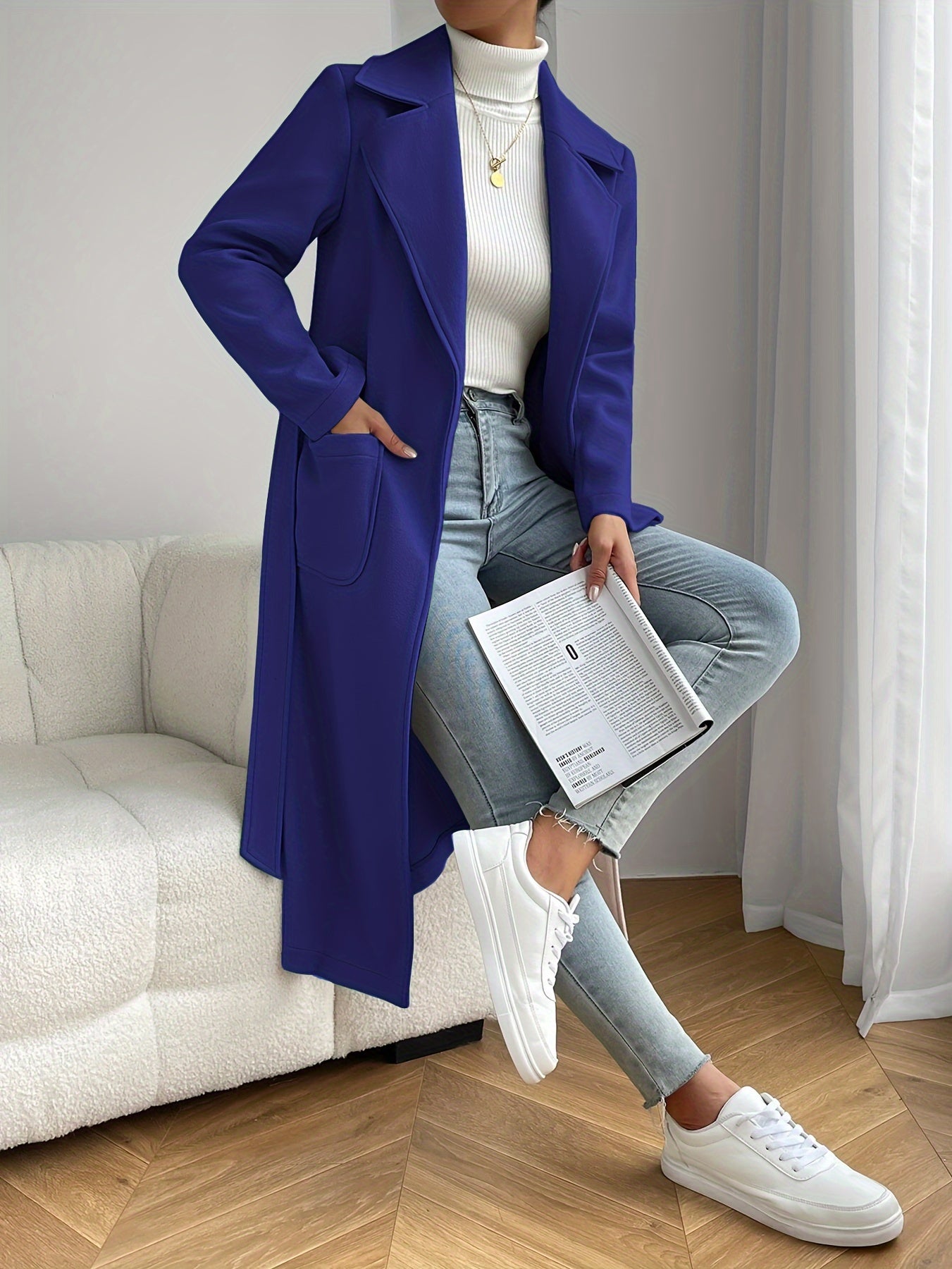 vlovelaw Dual Pocket Trench Coat, Tie Waist Solid Casual Coat For Winter & Fall, Women's Clothing