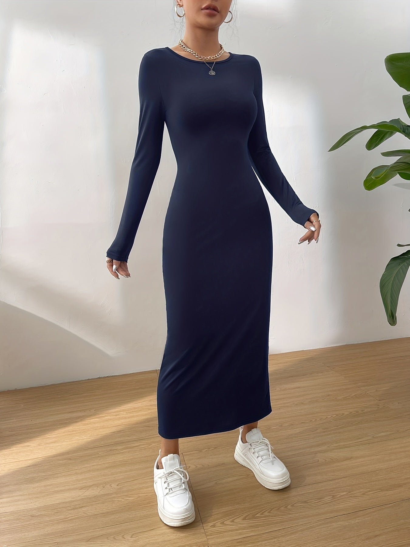 Solid Crew Neck Slim Dress, Elegant Long Sleeve Midi Dress, Women's Clothing
