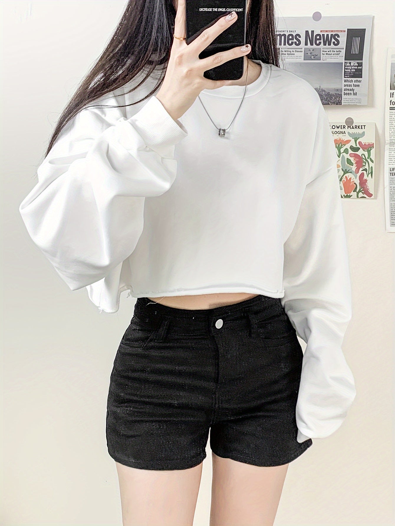 vlovelaw Solid Rolled Hem Sweatshirt, Casual Long Sleeve Loose Crop Sweatshirt, Women's Clothing