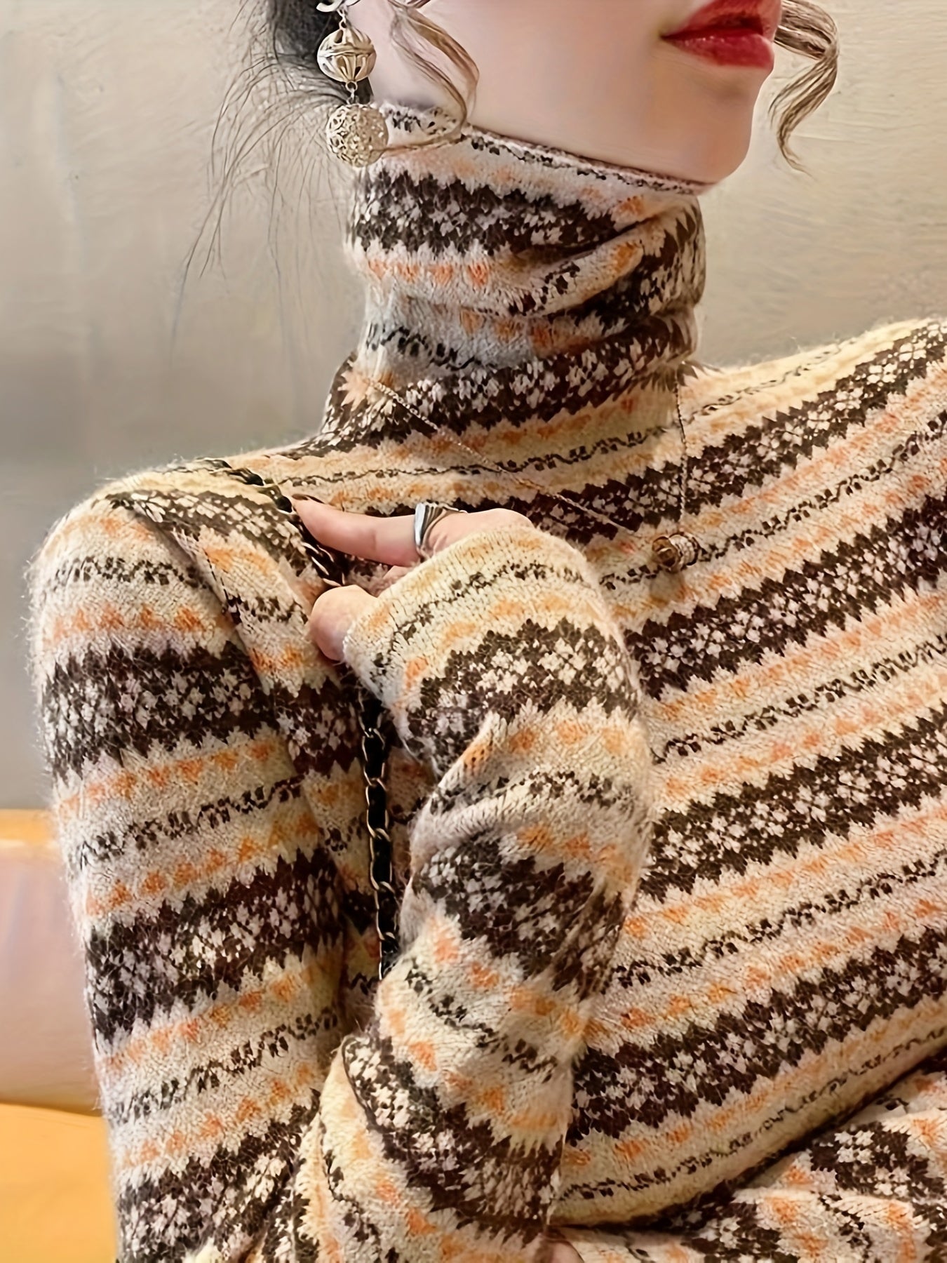 vlovelaw Geometric Pattern Knitted Pullover Sweater, Casual Turtleneck Long Sleeve Top For Fall & Winter, Women's Clothing