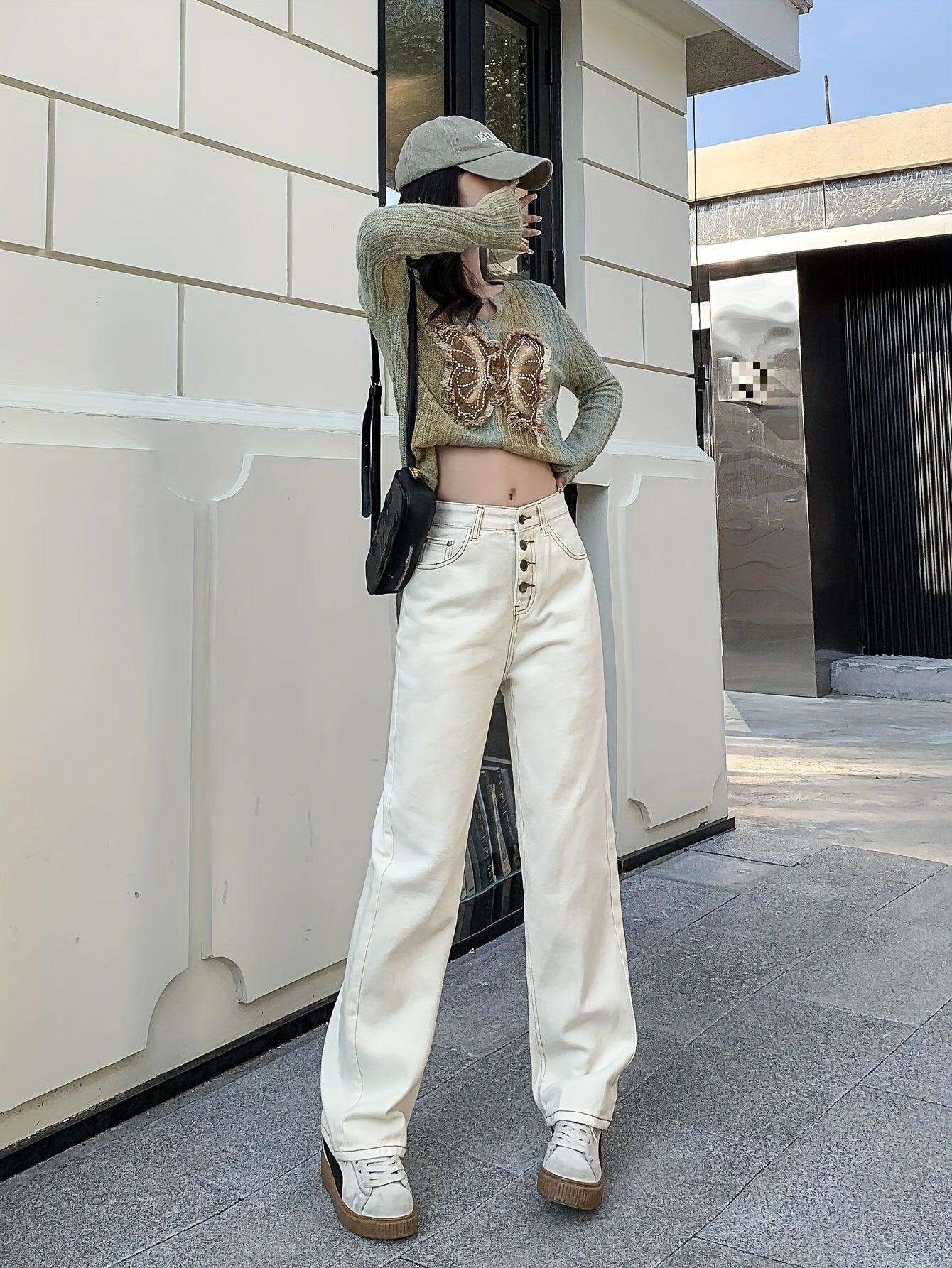 vlovelaw Solid Color Single-breasted Button Jeans, Slant Pocket Slim Fitted Straight Leg Denim Pants, Women's Denim Jeans & Clothing