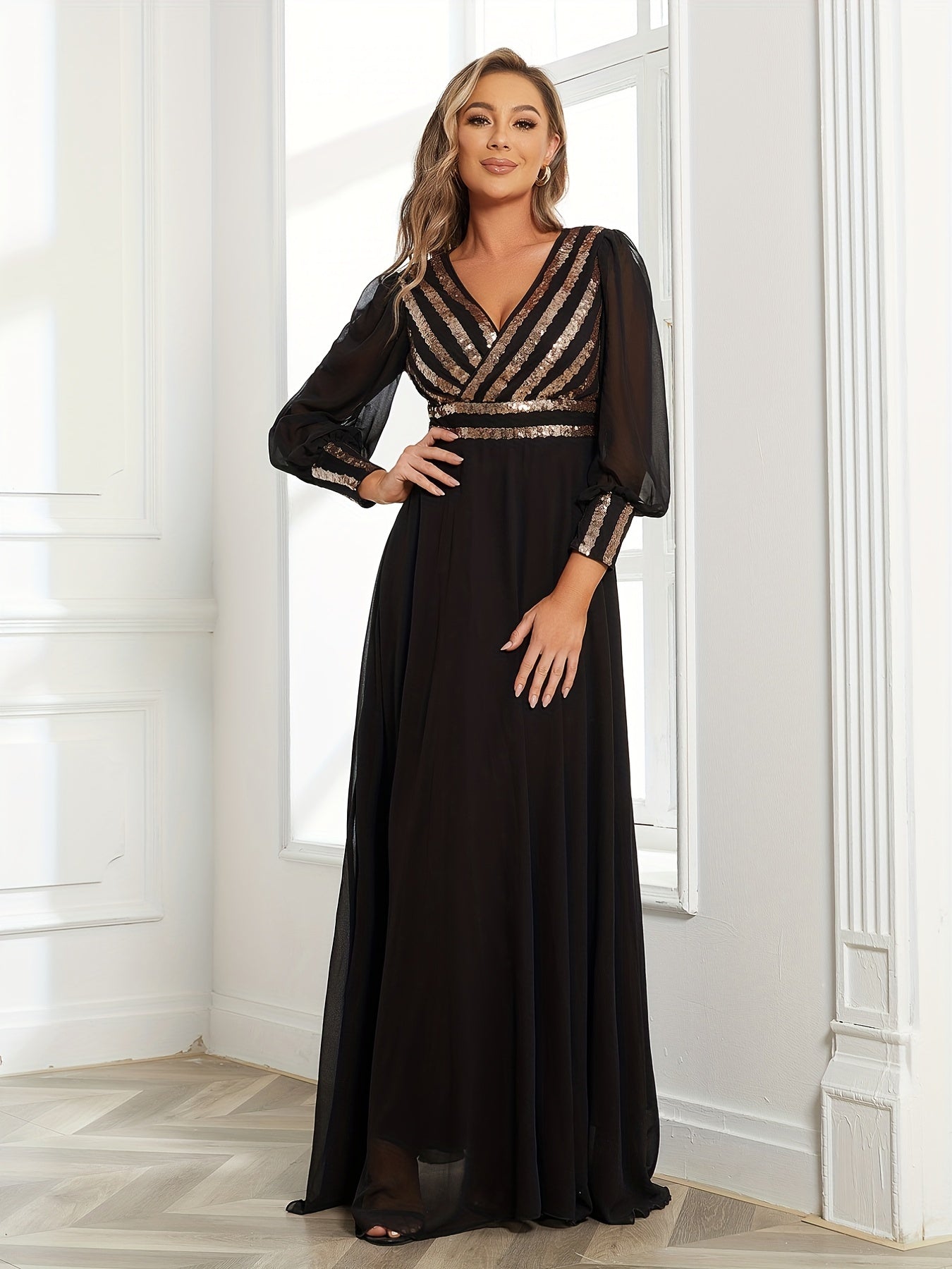 Elegant Striped Sequined Surplice Neck Dress, Sleeveless Ankle Dress For Party & Banquet, Women's Clothing