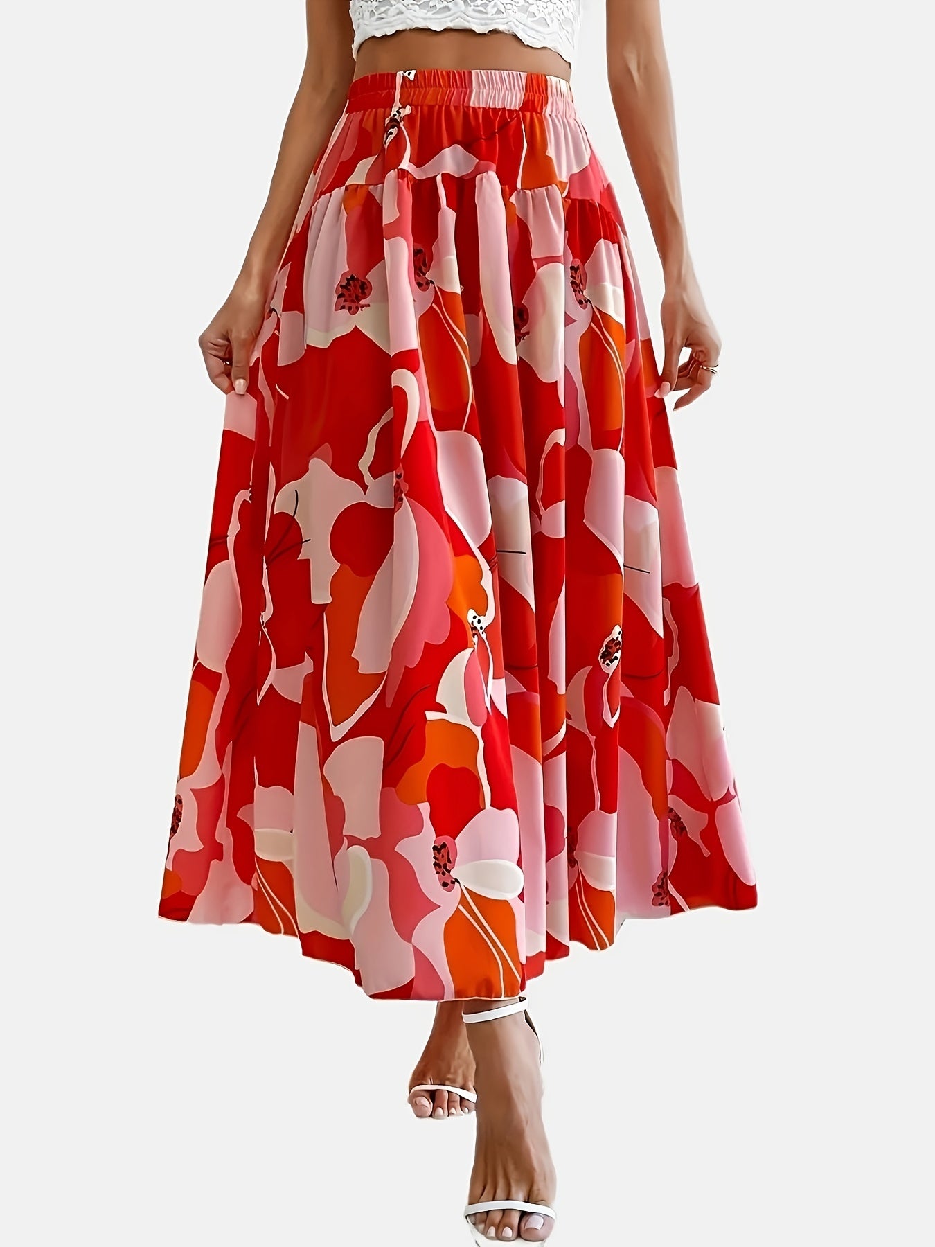 Plus Size Elegant Skirt, Women's Plus Floral Print Elastic High Rise Flowy Maxi Skirt