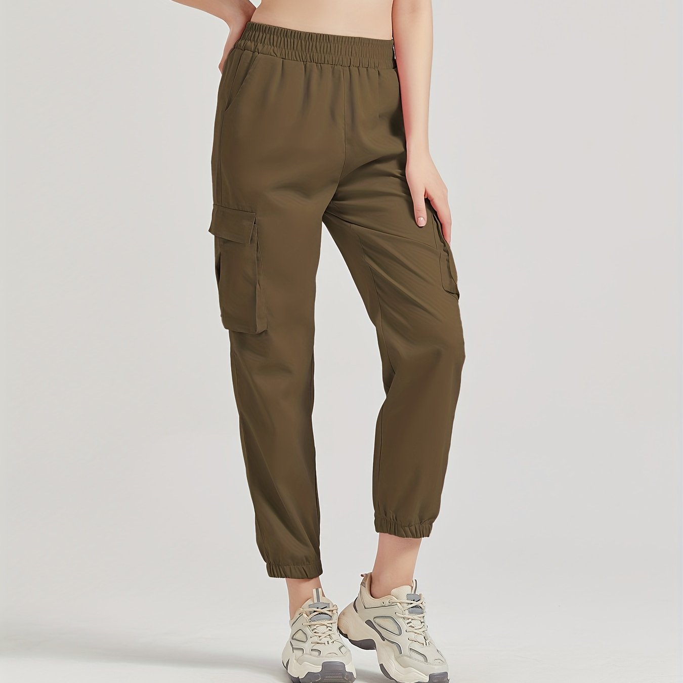 vlovelaw Solid Color Casual Joggers Sweatpant, Cargo Loose High Waisted Pants With Pockets, Women's Athleisure