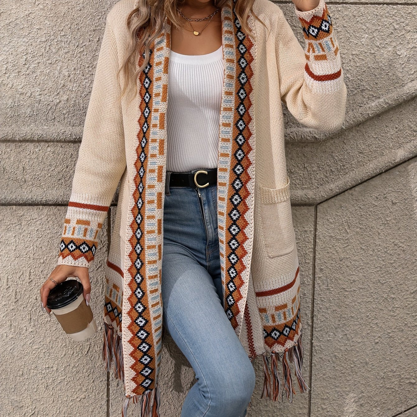 Ethnic Pattern Tassel Trim Knit Cardigan, Vintage Open Front Long Sleeve Pocket Sweater, Women's Clothing
