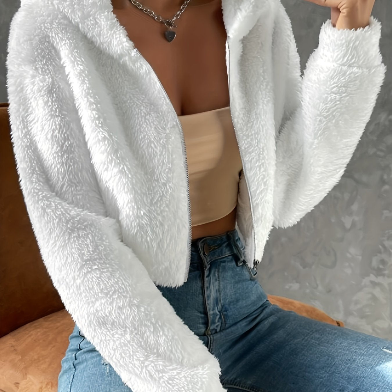 vlovelaw Solid Color Zip-up Teddy Hoodie, Casual Long Sleeve Hoodie Jacket, Women's Clothing