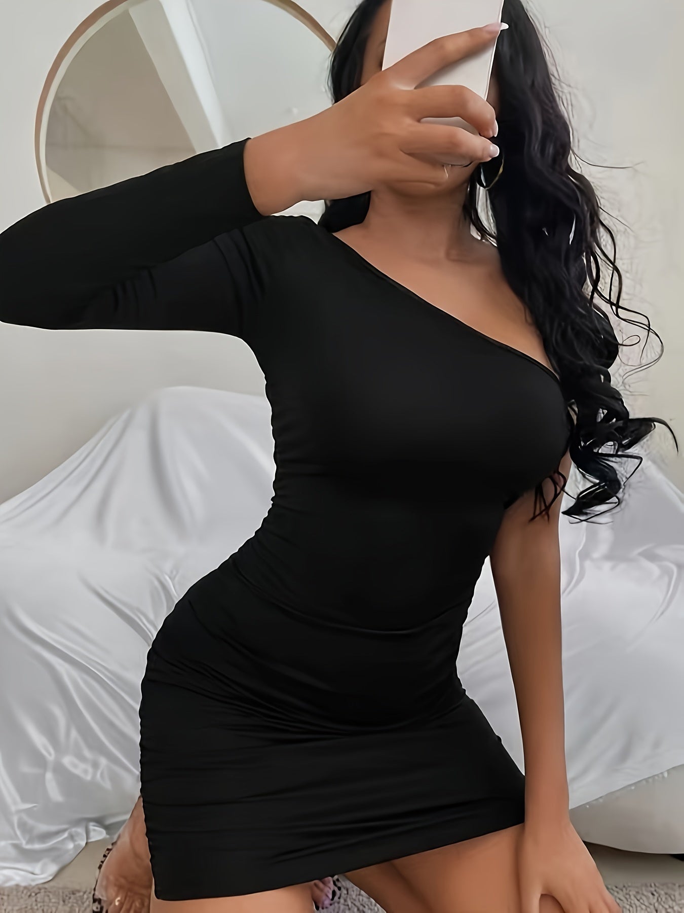 vlovelaw One Shoulder Solid Dress, Party Wear Long Sleeve Bodycon Dress, Women's Clothing