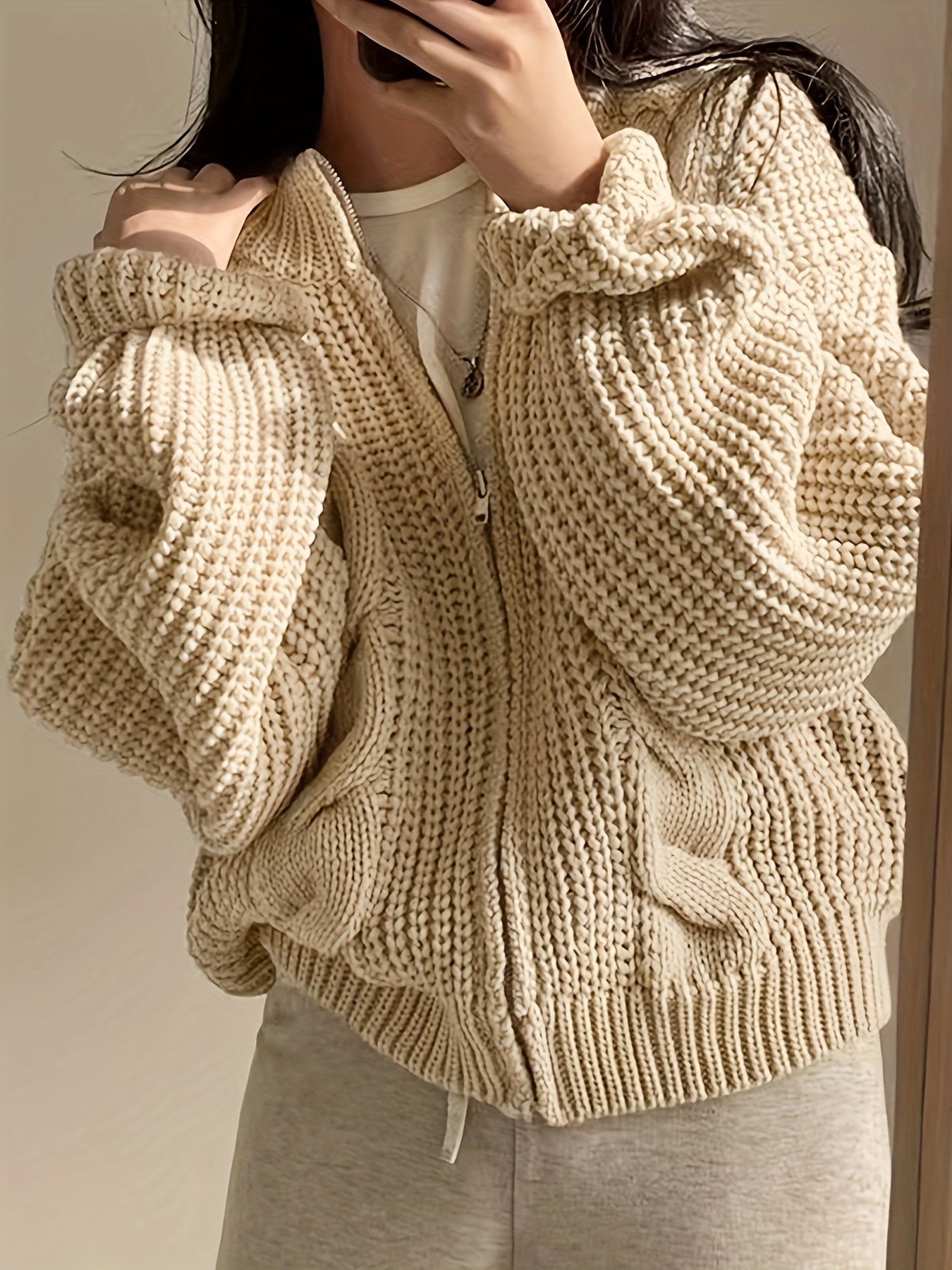 vlovelaw vlovelaw Solid Zip Up Chunky Cable Knit Cardigan, Casual Long Sleeve Loose Sweater, Women's Clothing