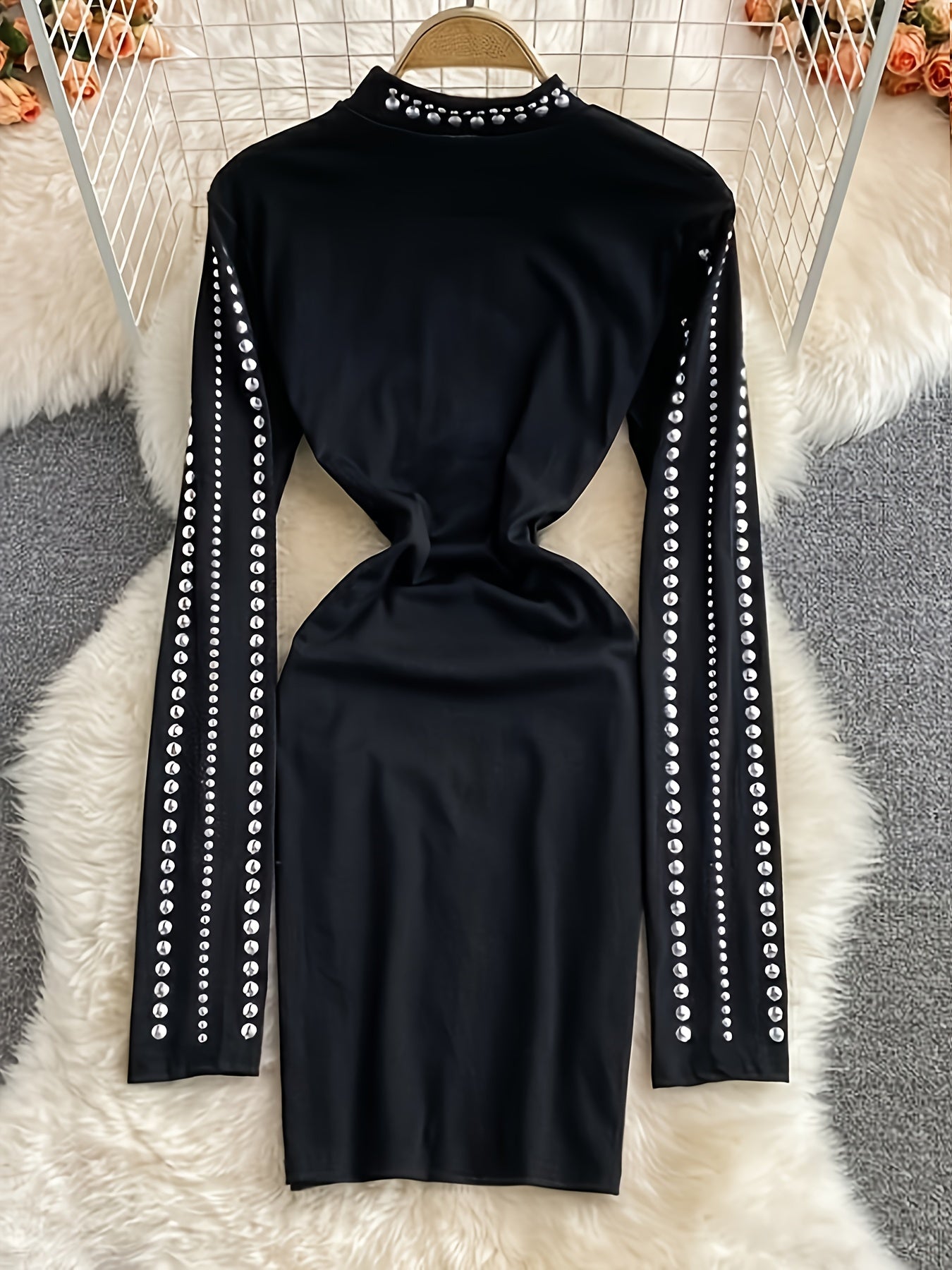 vlovelaw Plus Size Sequin Decor Bodycon Dress, Casual Mock Neck Long Sleeve Dress, Women's Plus Size Clothing